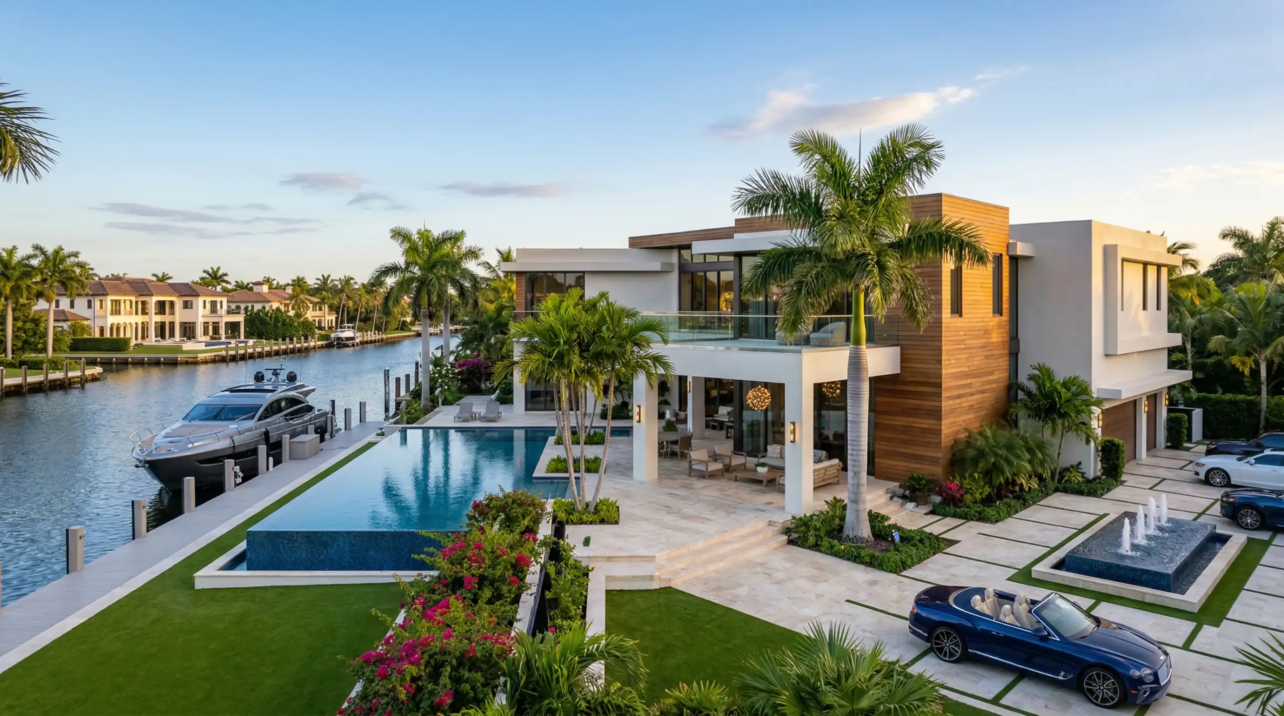 Luxury waterfront home with palm trees at sunset