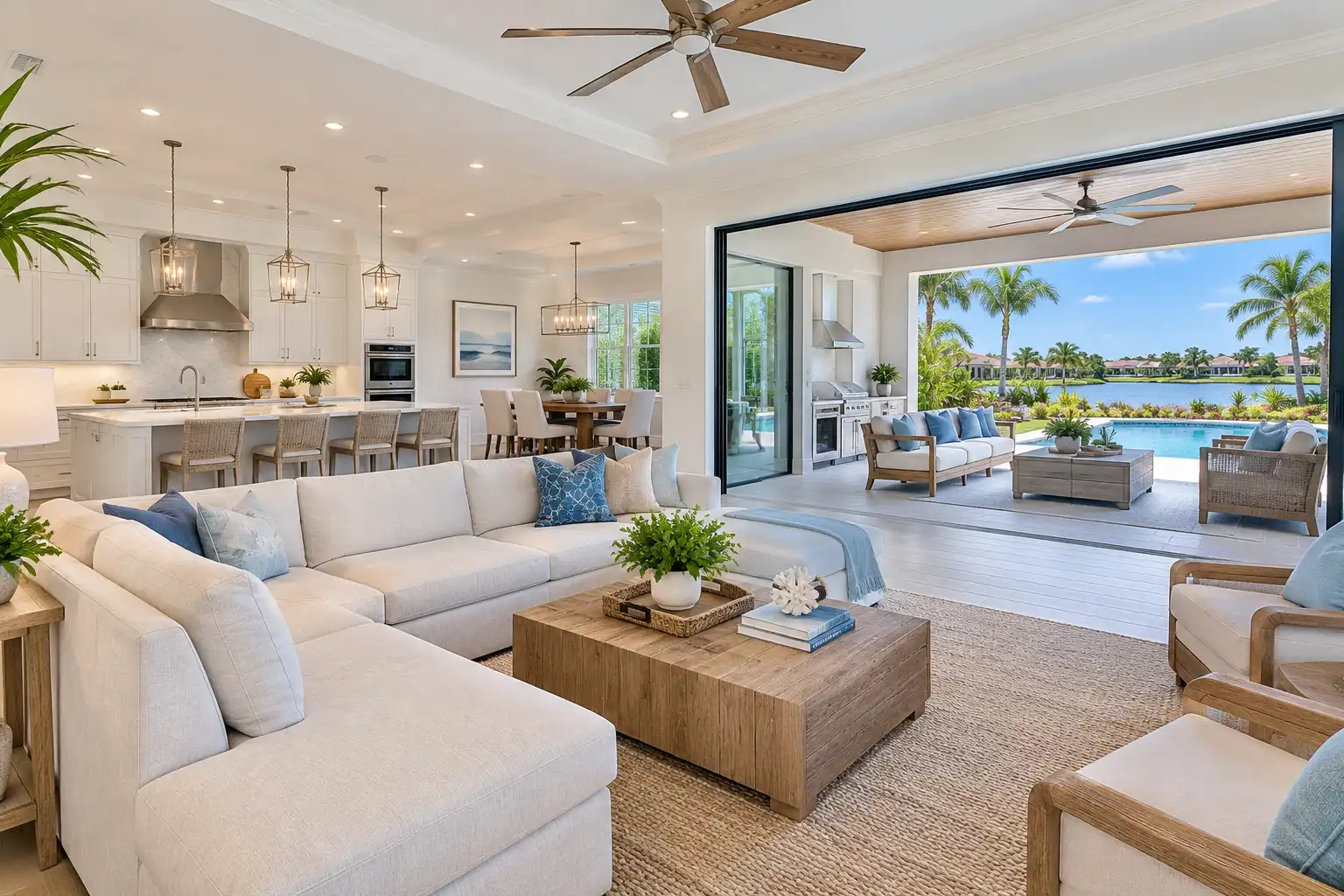 Home interior in Jupiter, Florida, highlighting an open floor plan and connected living spaces. Image description: Explore how floor plan, bedroom placement, privacy, and indoor-outdoor living