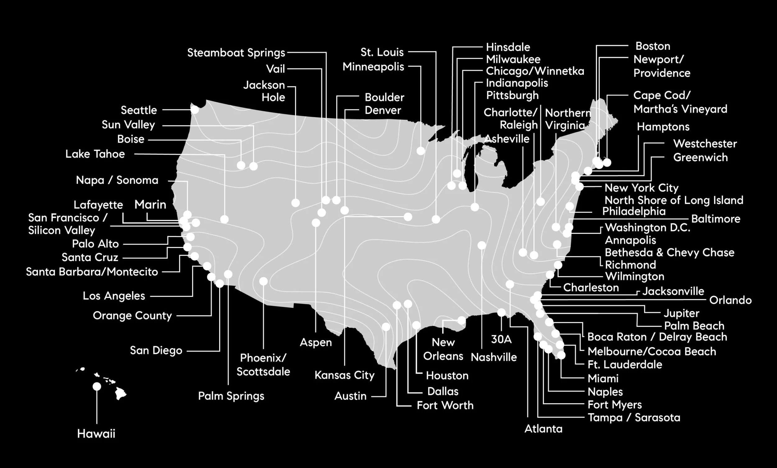 Private Client Network market map — 70 luxury markets served across the US