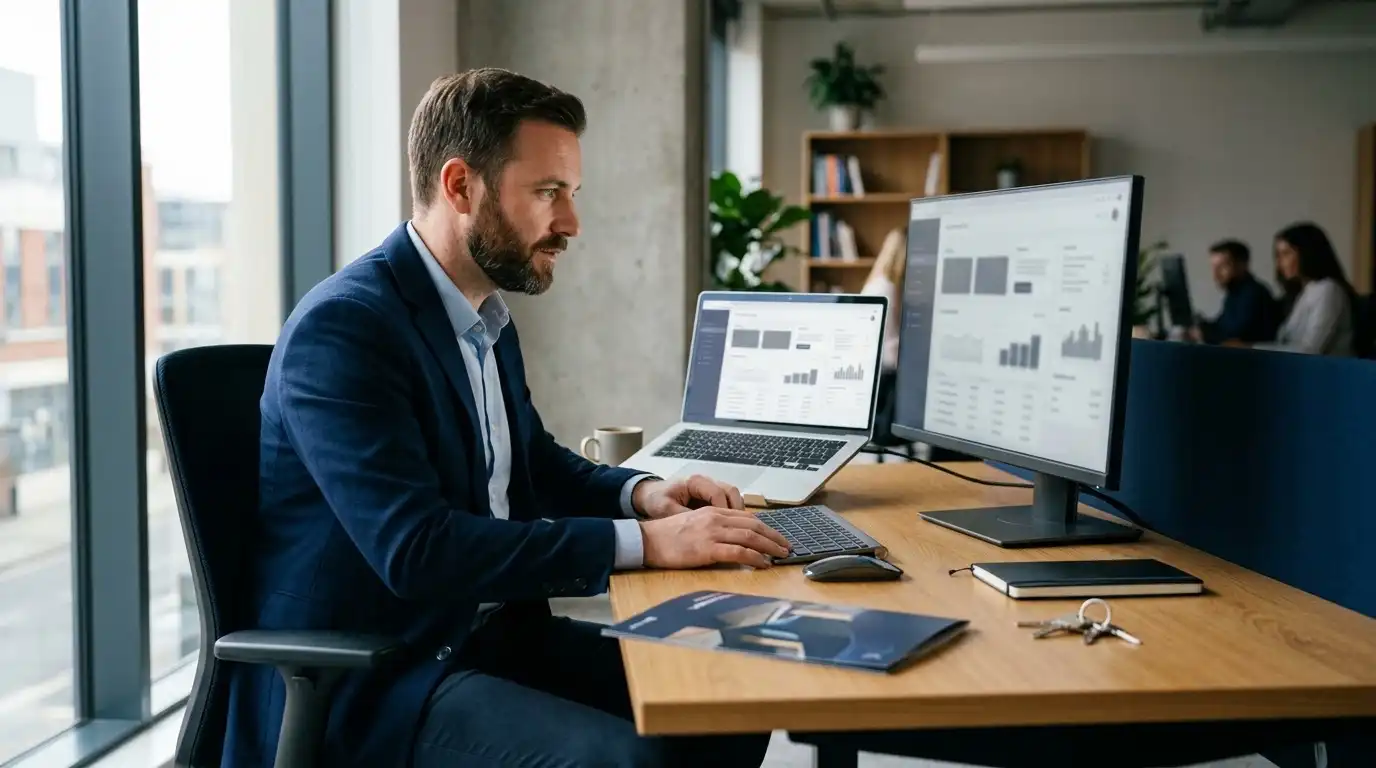 A real estate professional reviewing AI search visibility data across two screens in an office