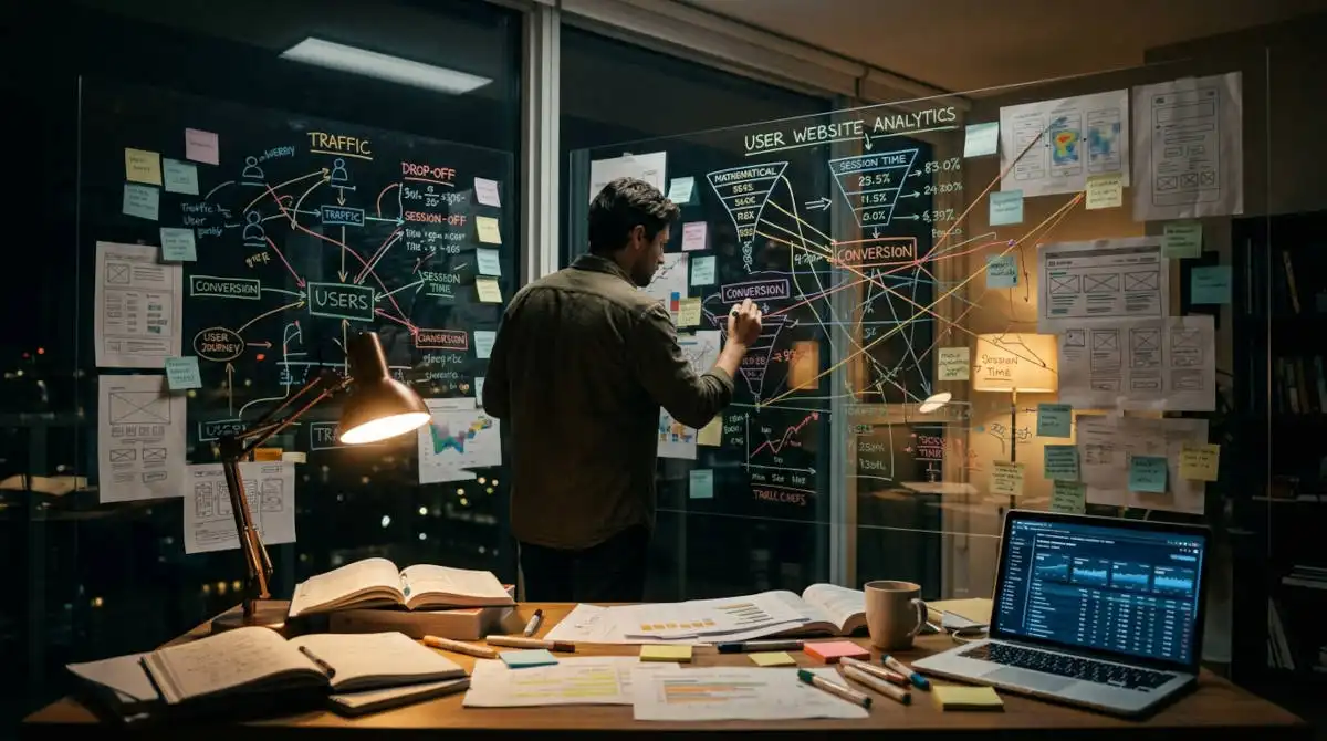 A professional analyzing user website analytics, traffic sources, and conversion funnels mapped on a glass board