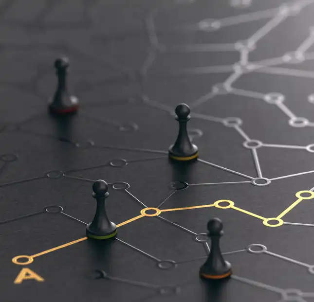 Chess pieces connected across a strategic network board