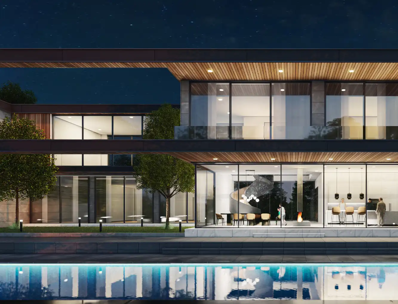 Modern luxury home illuminated at night