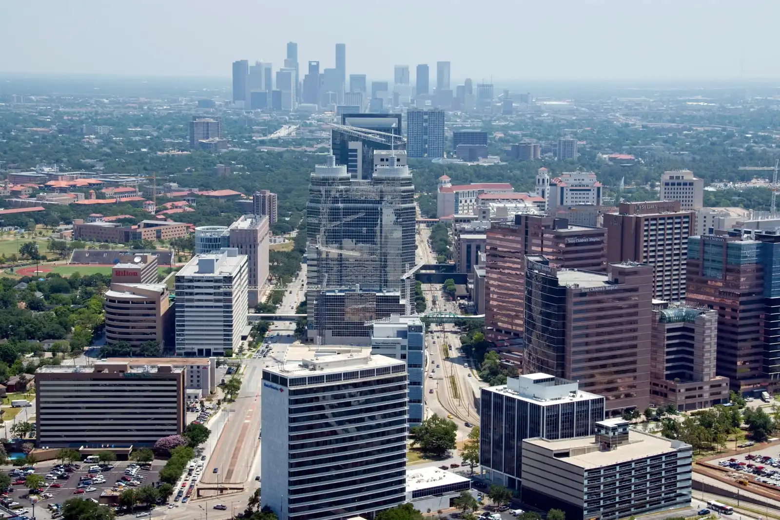 Texas Medical Center skyline and nearby residential streets