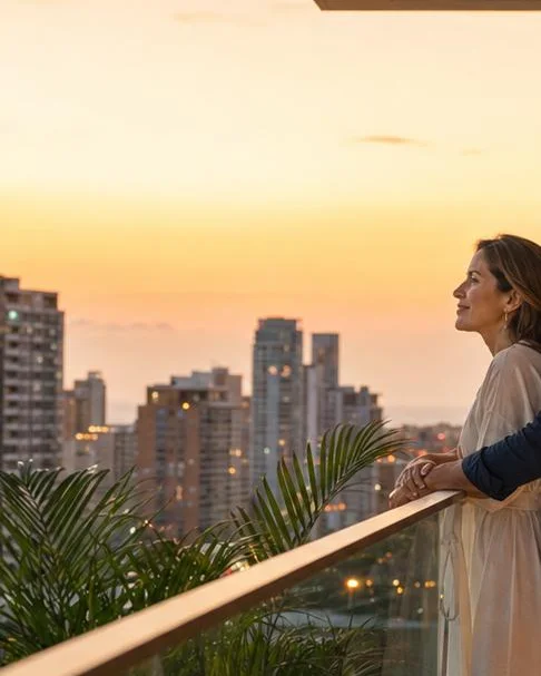 Terraza con vista a la ciudad al atardecer