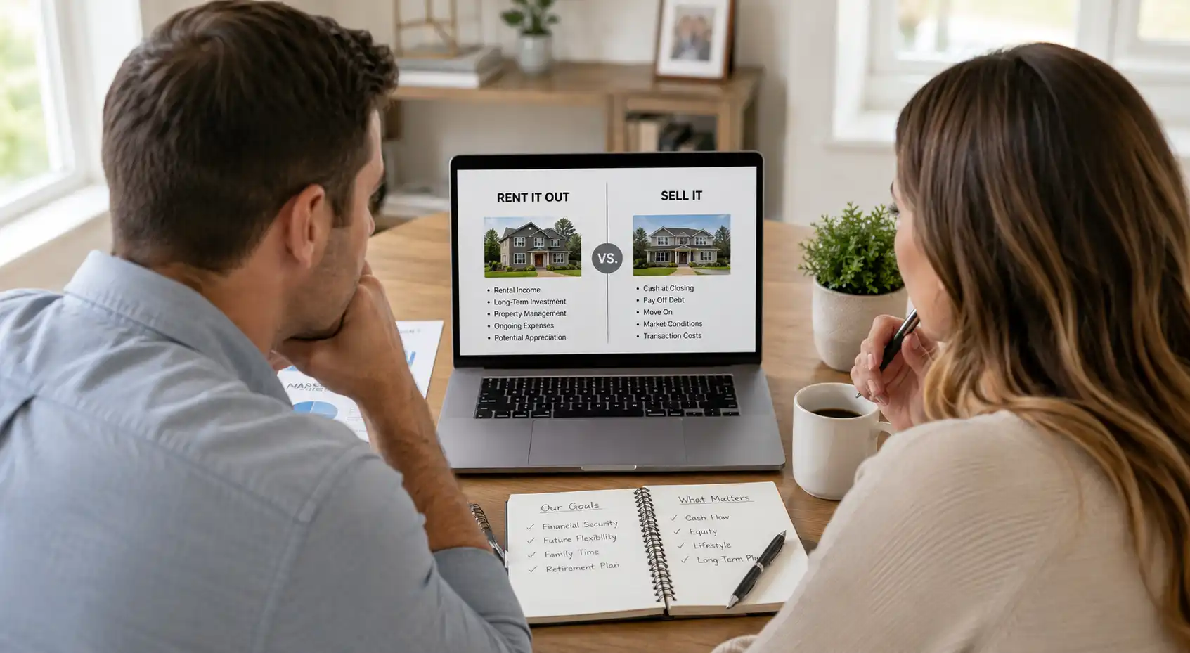 Military family reviewing financial options with a Realtor while deciding whether to rent or sell after a PCS move