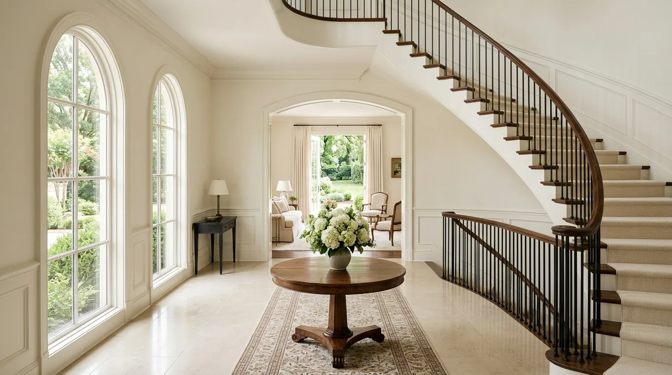 Bright luxury-home foyer with arched windows and a curved staircase