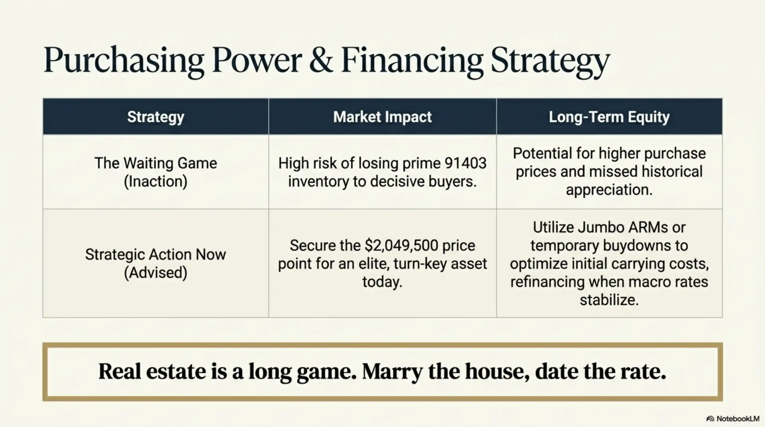 Data table comparing two real estate purchasing strategies: The Waiting Game, resulting in risk of losing 91403 inventory, versus Strategic Action Now, securing the $2,049,500 price point utilizing Jumbo ARMs or temporary buydowns.