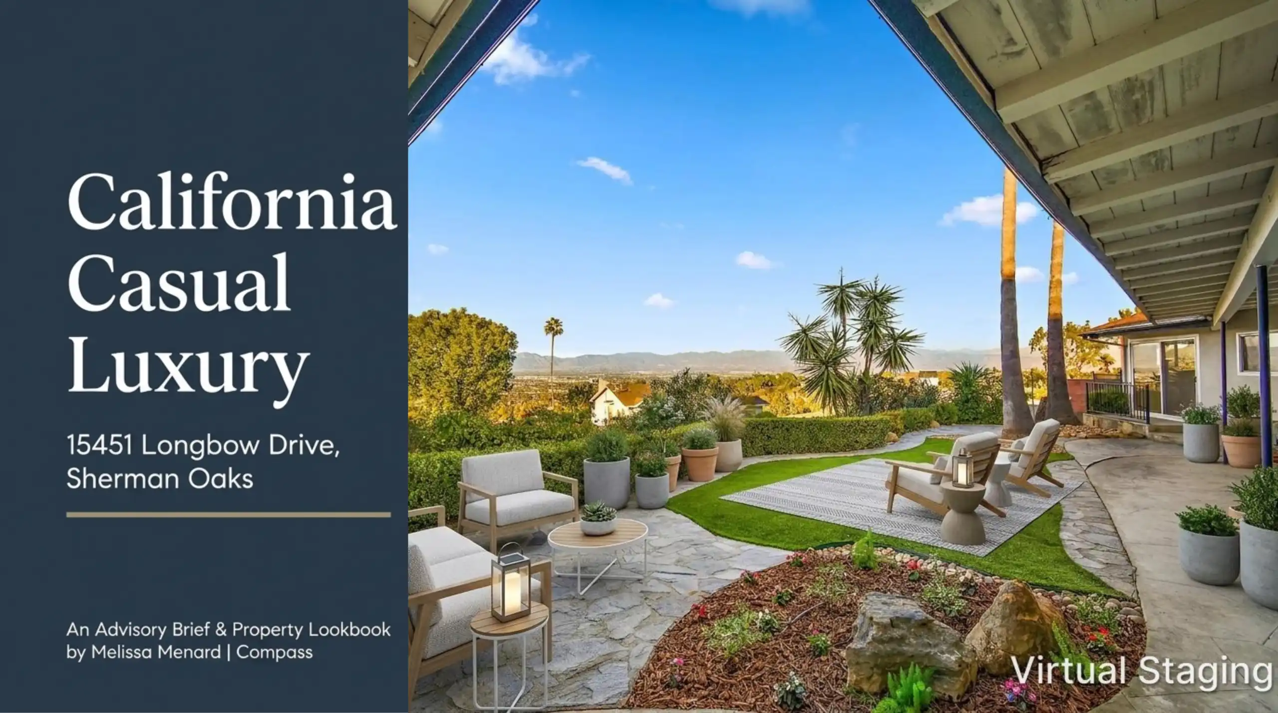 Exterior backyard featuring a flagstone patio, a seating area with wooden frame chairs and white cushions, artificial turf, low water landscaping, and panoramic views of the San Fernando Valley mountains.