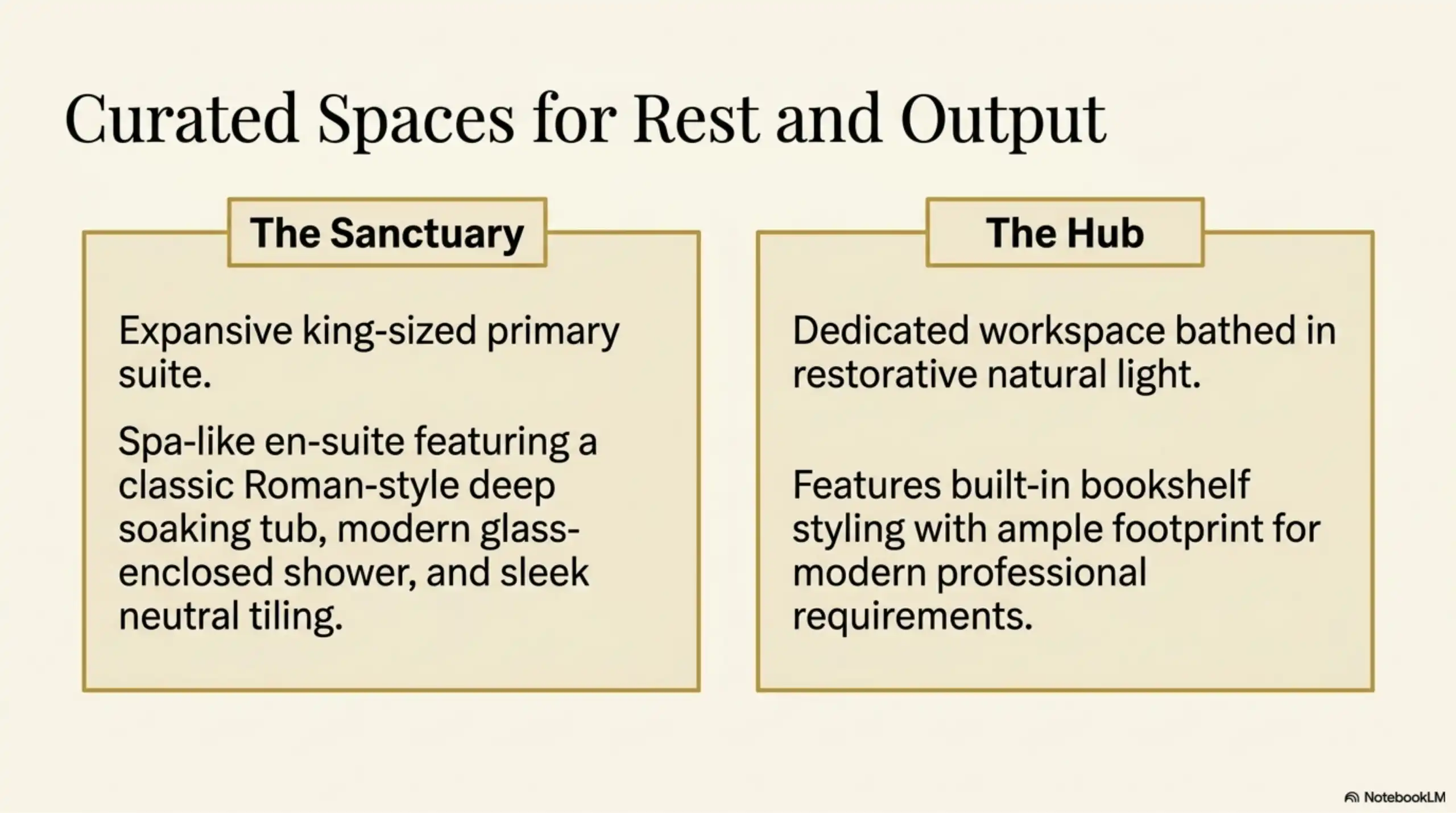 Text graphic detailing curated spaces: a primary suite featuring a Roman-style deep soaking tub, glass-enclosed shower, and neutral tiling, alongside a dedicated workspace with built-in bookshelves and natural light.