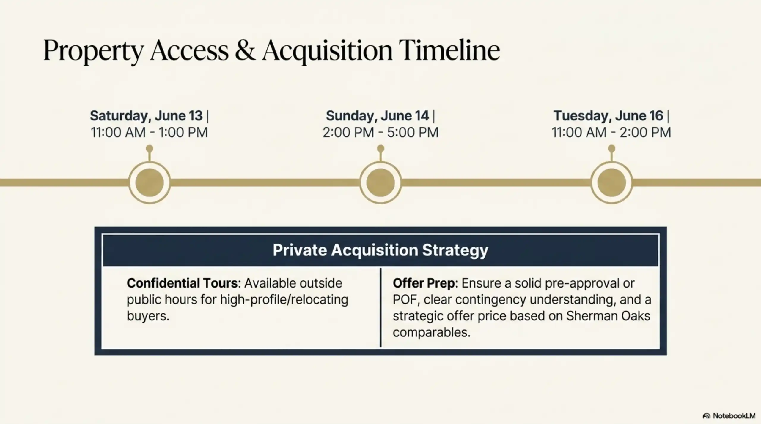 Timeline graphic showing scheduled times for property access: Saturday June 13 from 11:00 AM to 1:00 PM, Sunday June 14 from 2:00 PM to 5:00 PM, and Tuesday June 16 from 11:00 AM to 2:00 PM, along with details on confidential tours and offer preparation.