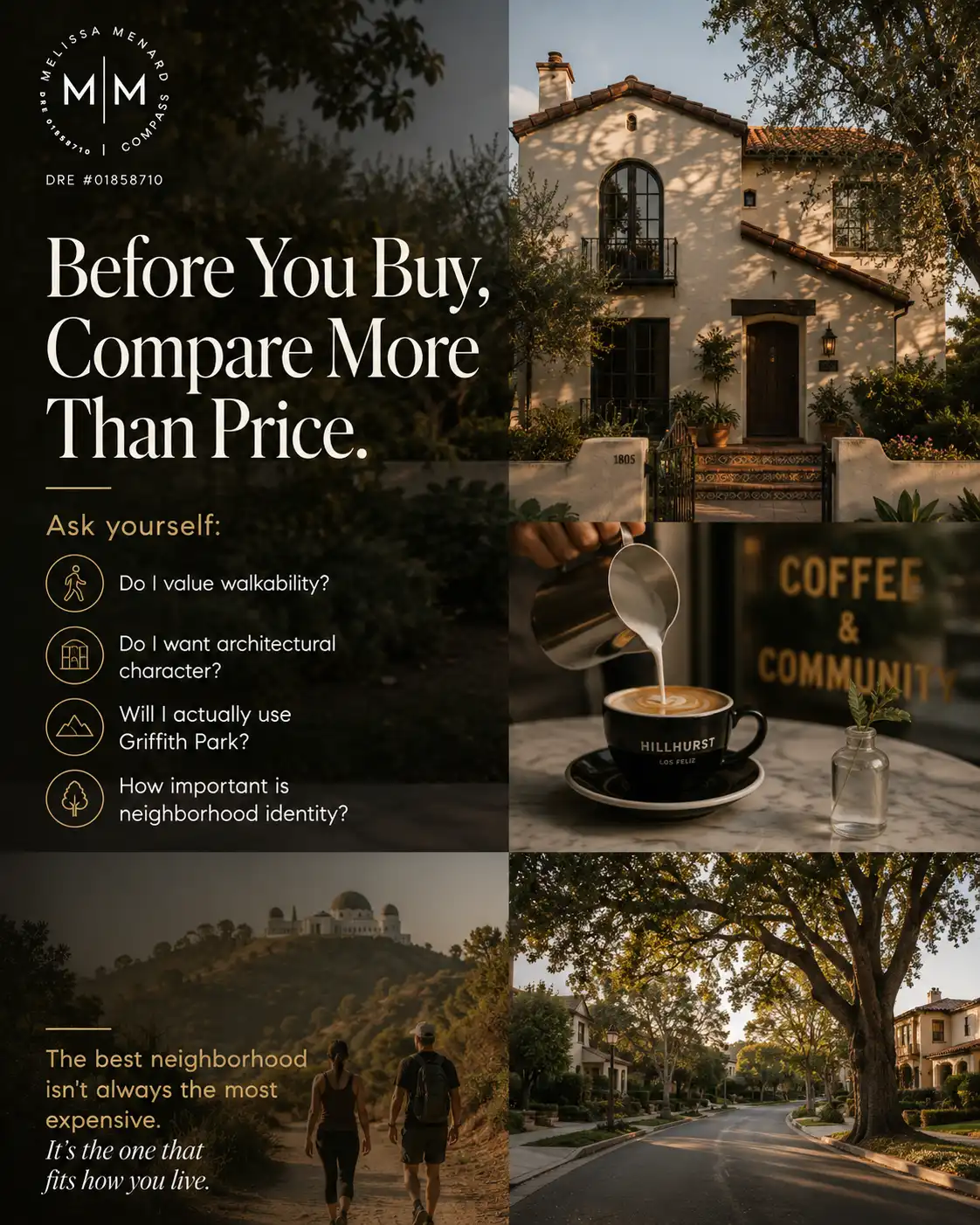 Collage of four images showing an arched house entrance, a coffee cup, two hikers looking at an observatory, and a tree-lined residential street.