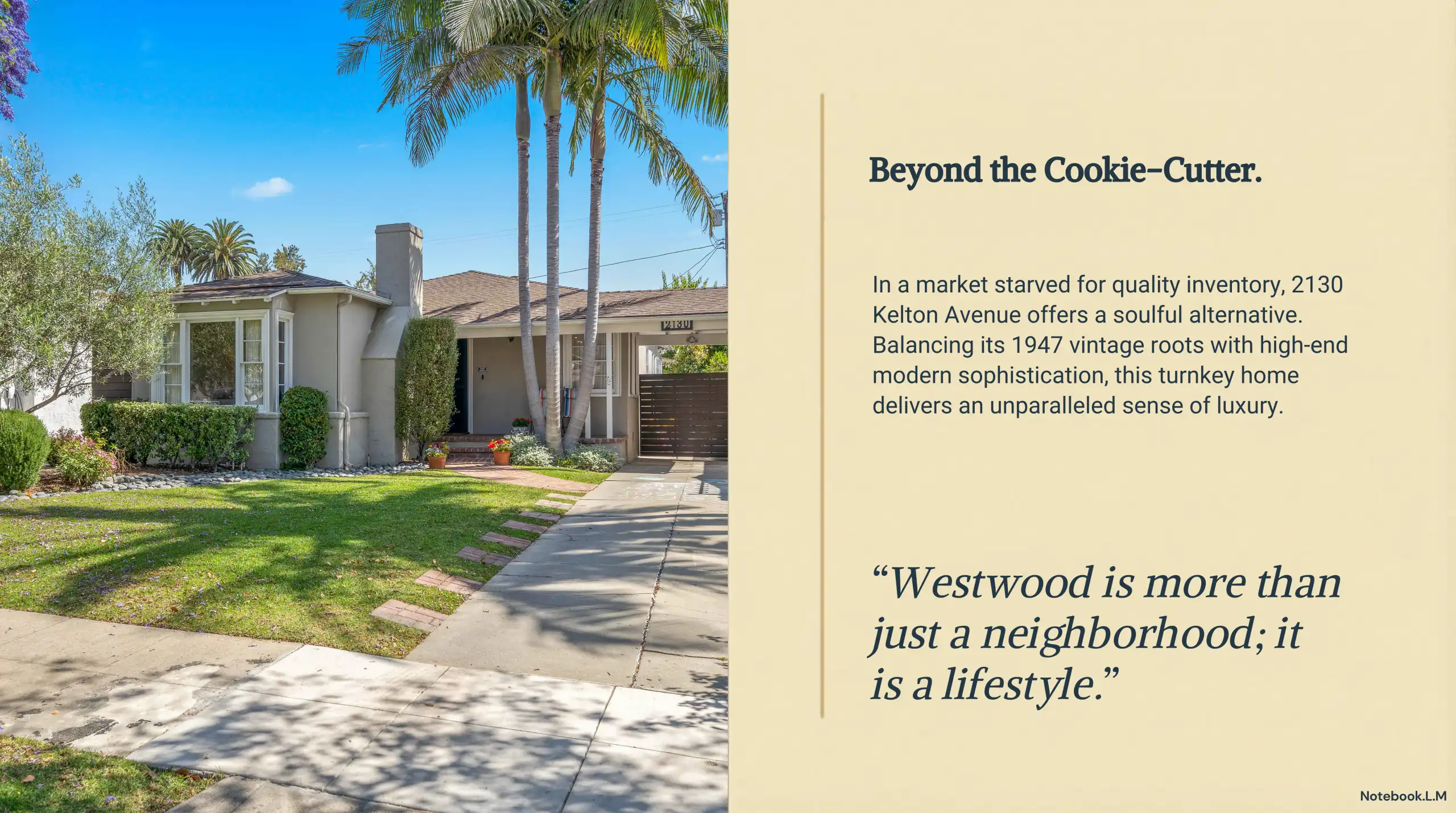 Single-story stucco cottage with lawn, palm trees, and concrete driveway in Los Angeles.