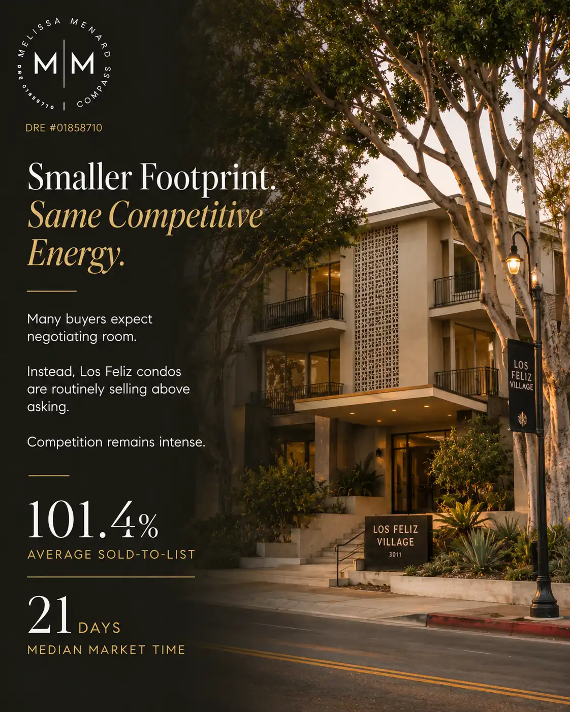 Multi-story condominium building exterior with a flat roof, large windows, decorative breeze block screening, and street-level signage.