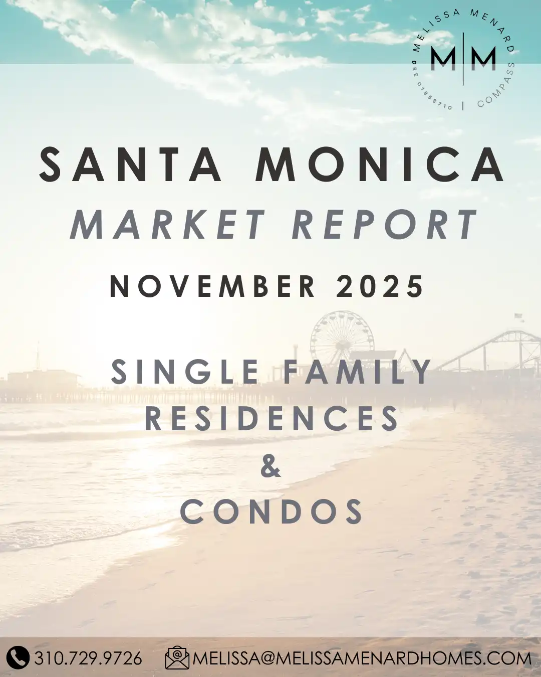 Santa Monica beach at sunset with Ferris wheel in the background. Overlaid text reads: Santa Monica Market Report, November 2025, Single Family Residences & Condos. Contact info for Melissa Menard included at bottom.