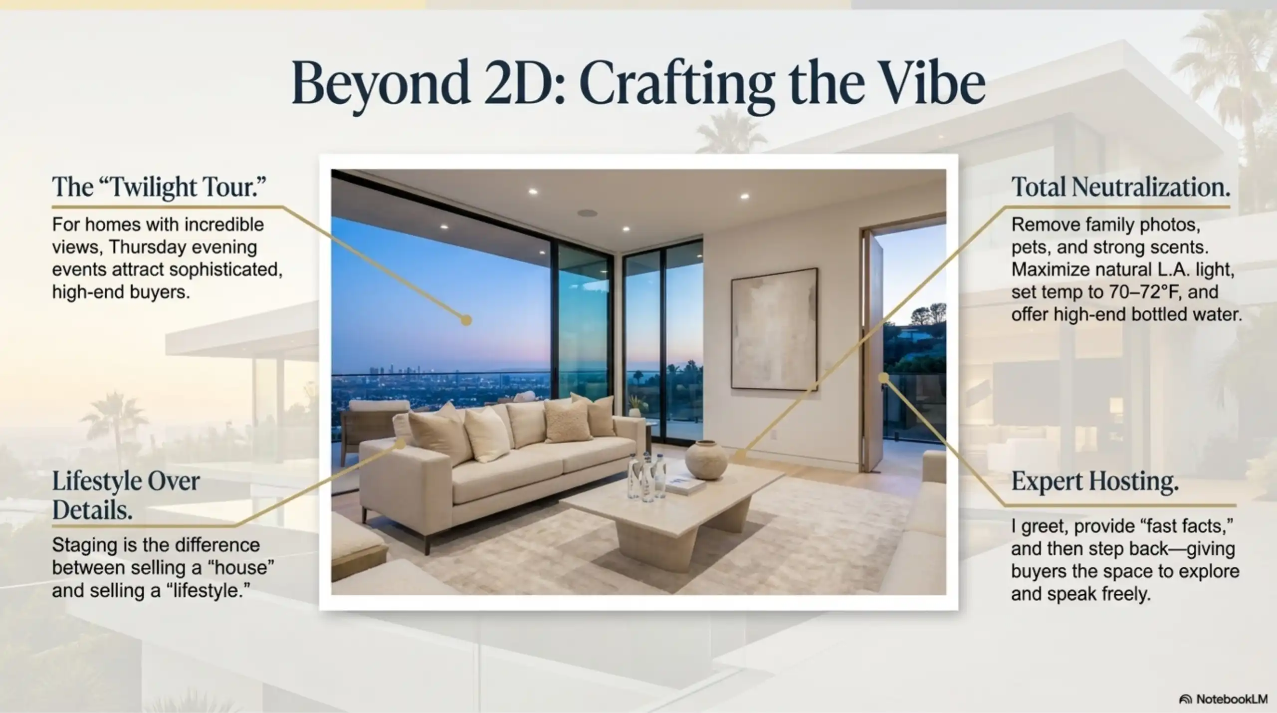 Living room with neutral furniture and city skyline view.