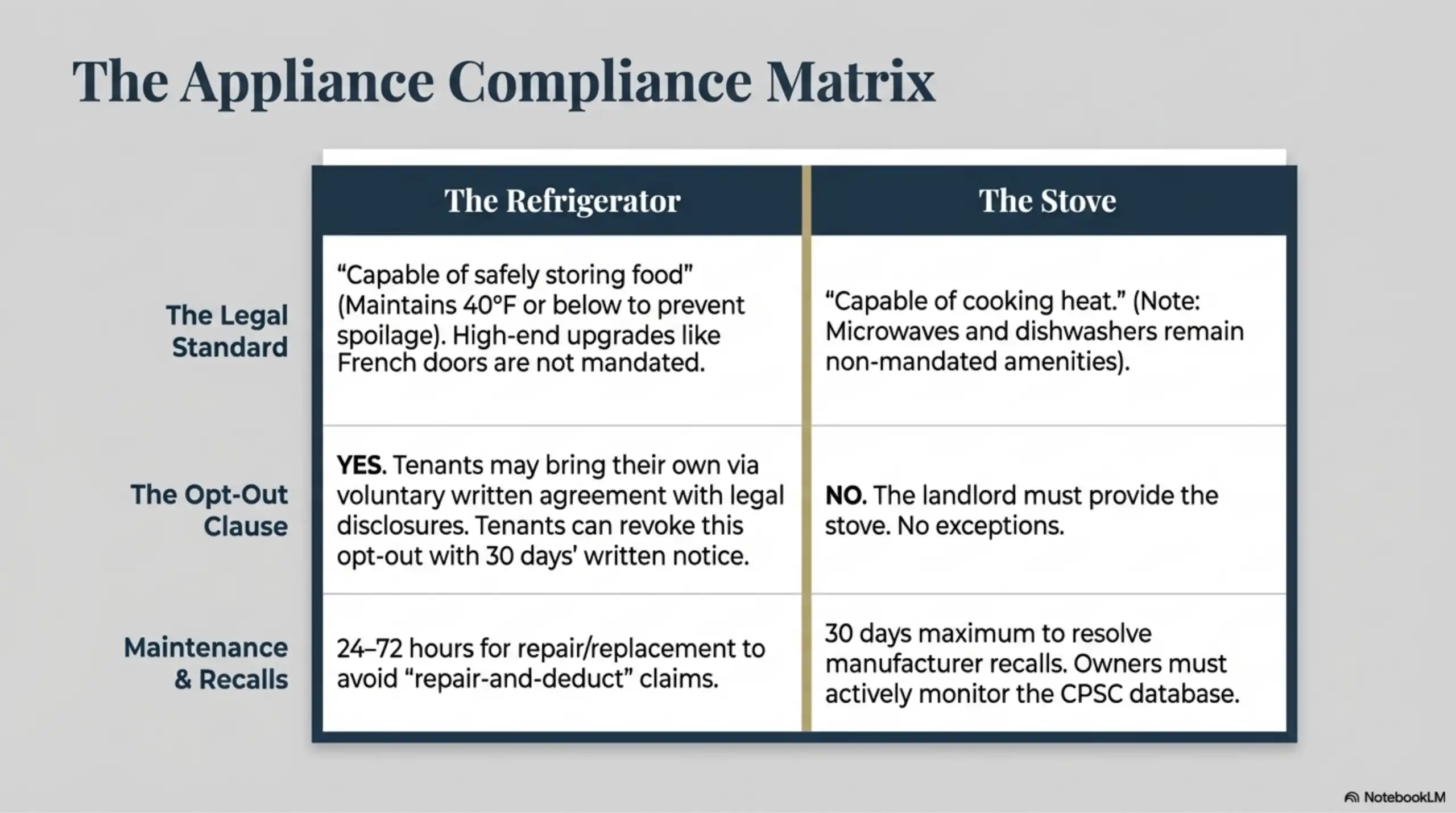 Table comparing legal standards and maintenance for refrigerators and stoves.