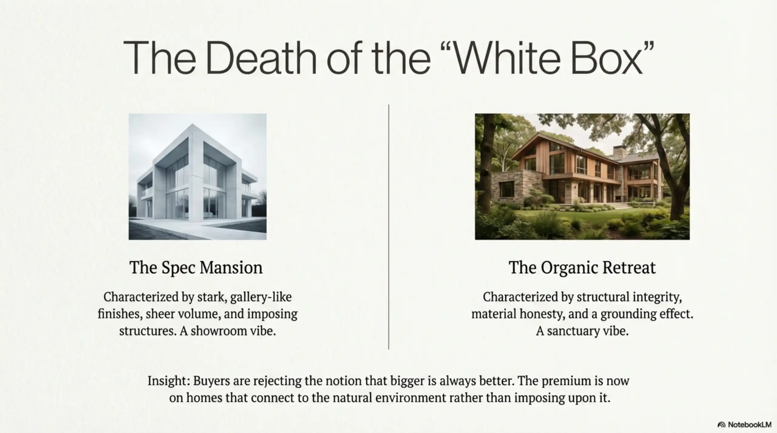 Comparison slide titled "The Death of the White Box" contrasting a stark white modern mansion with an organic wood and stone retreat.