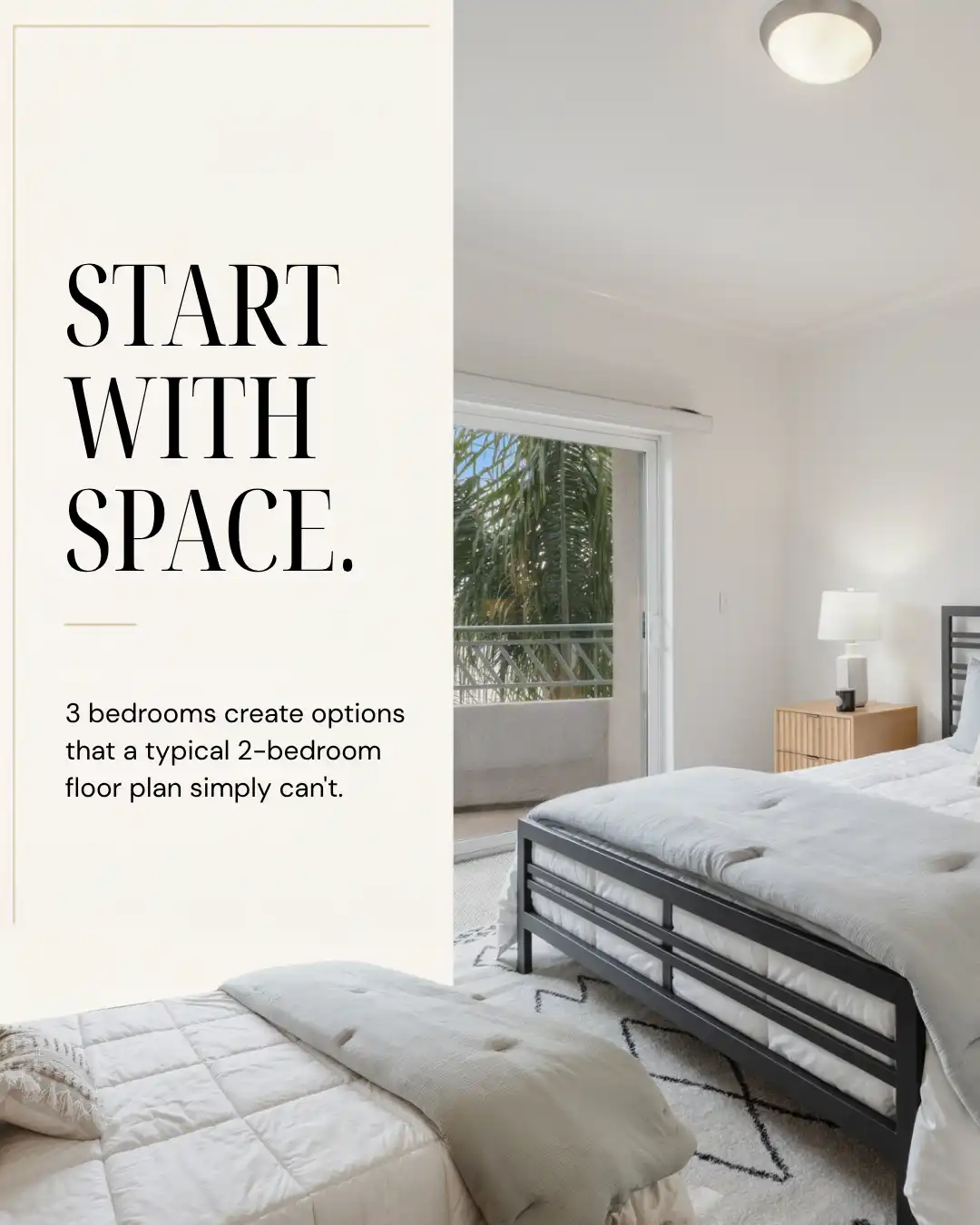 Apartment bedroom showing sleeping area, natural light from sliding glass door, and promotional text about bedroom count.