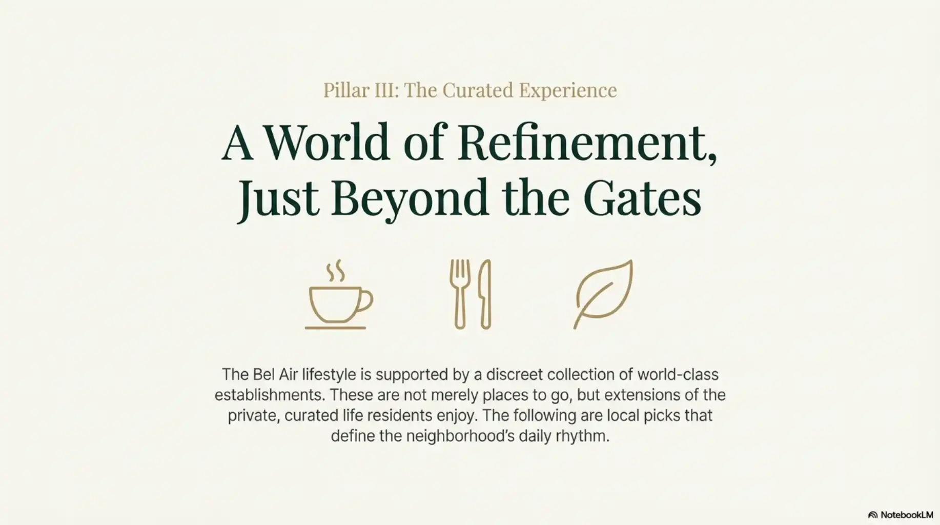 Minimalist icons of a coffee cup, fork, and leaf under the title "A World of Refinement, Just Beyond the Gates."