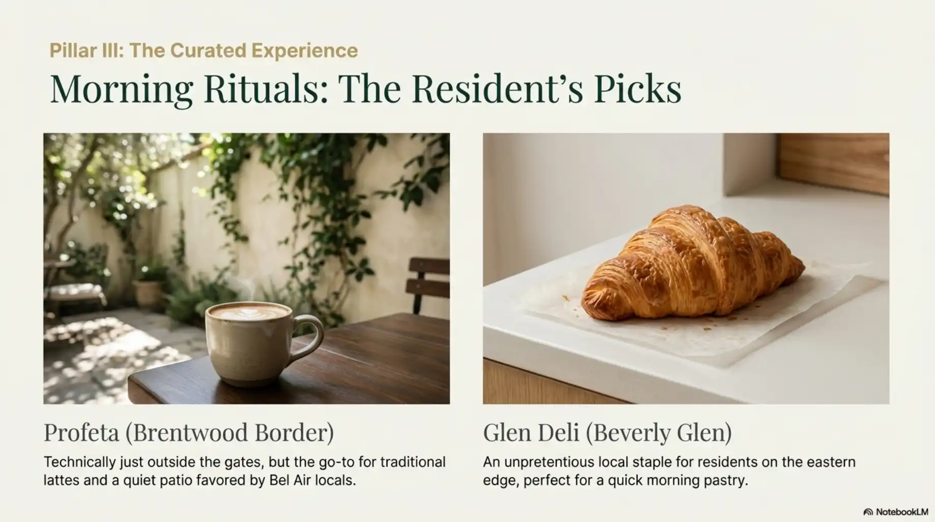 Split image showing a latte on a patio (Profeta) and a fresh croissant (Glen Deli).
