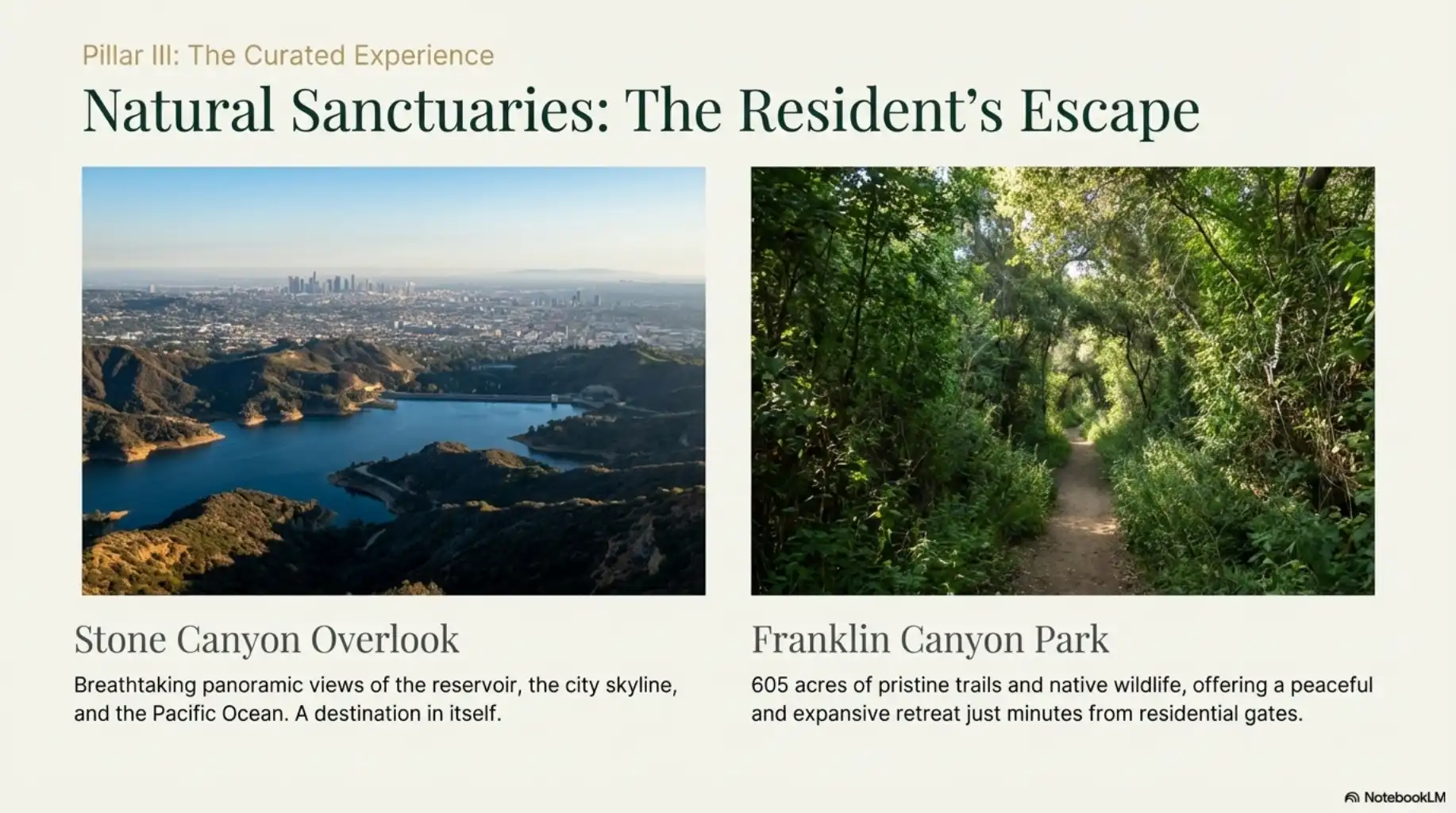 Split image showing the city view from Stone Canyon Overlook and a wooded trail in Franklin Canyon Park.