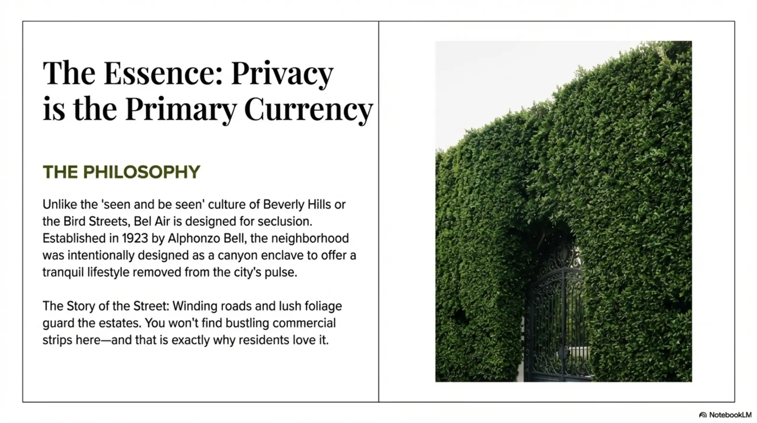 Slide titled The Essence Privacy is the Primary Currency showing a tall green hedge and wrought iron gate.