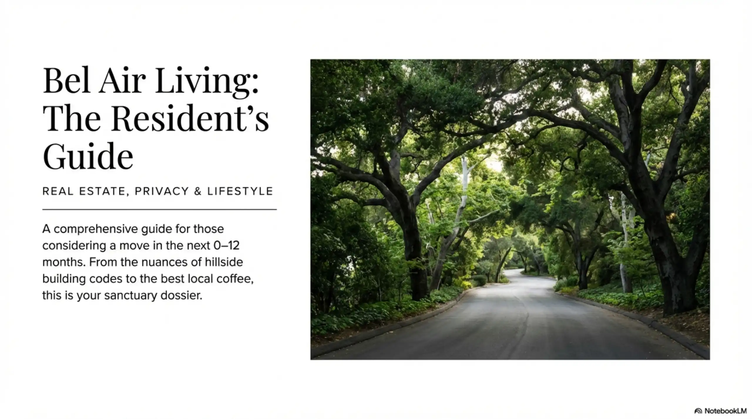 Title slide reading Bel Air Living The Resident's Guide featuring a paved road lined with mature oak trees.