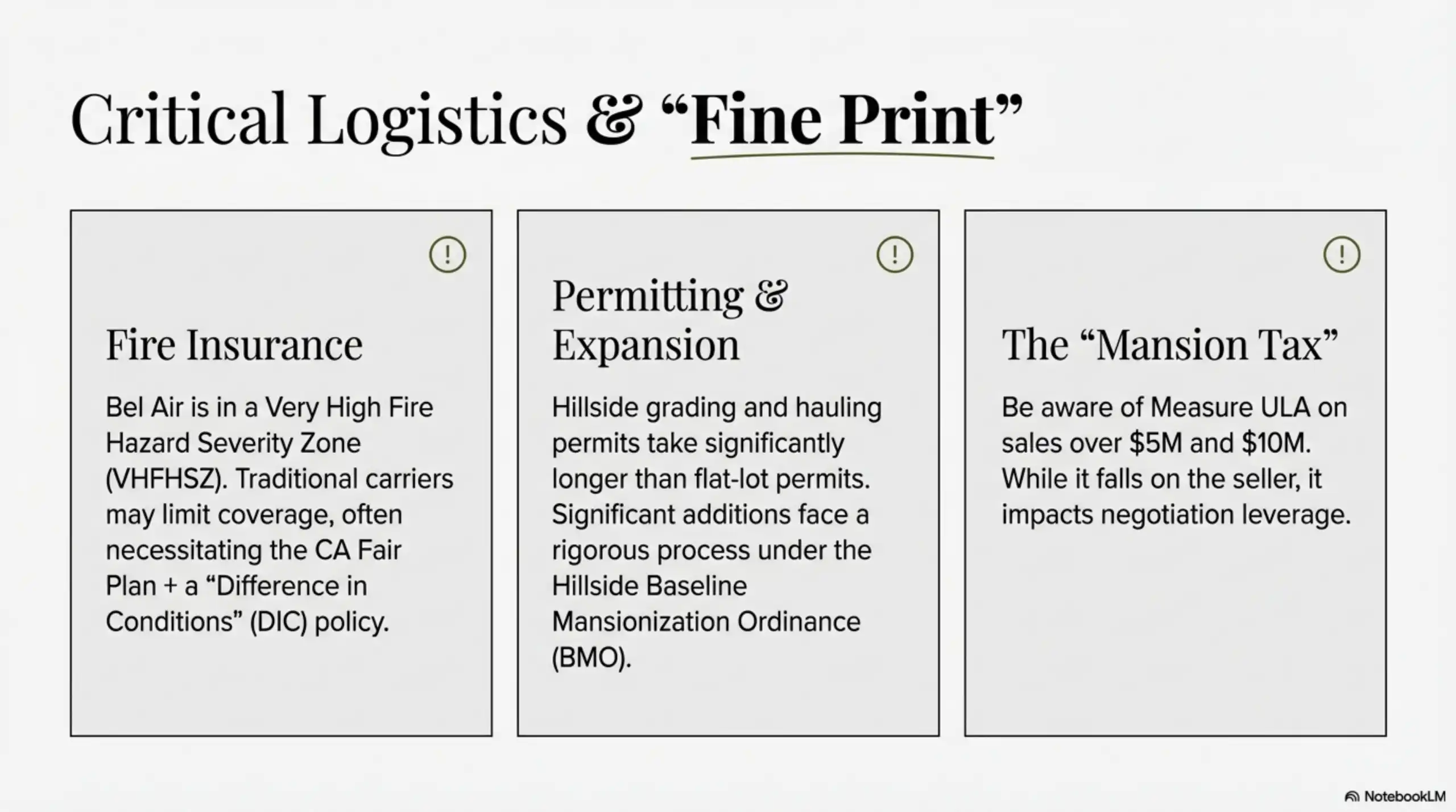 Slide titled Critical Logistics and Fine Print detailing fire insurance, permitting, and mansion tax.
