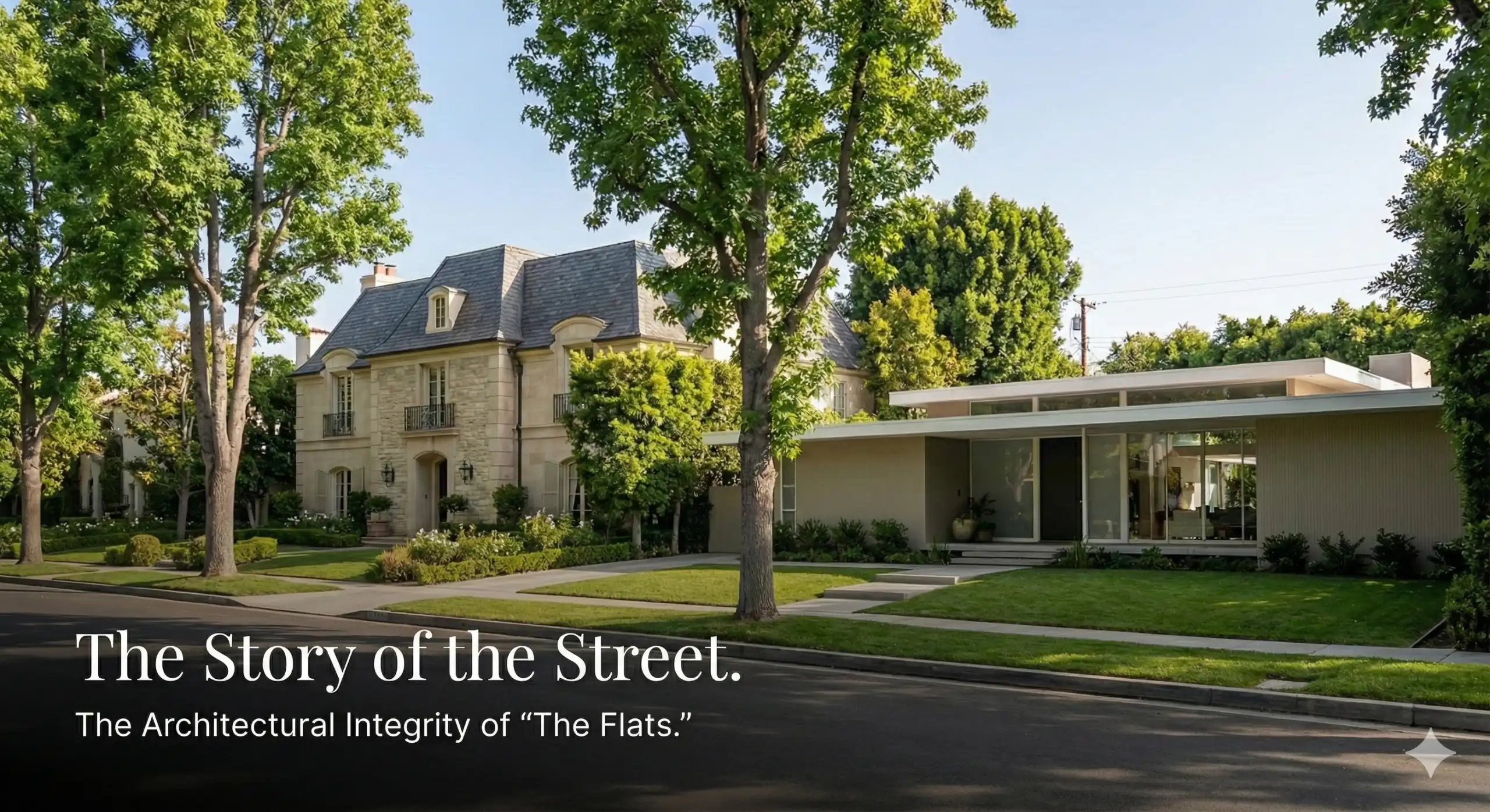 A tree-lined street in the Beverly Hills Flats showcasing a mix of French Provincial and Mid-Century Modern estates.