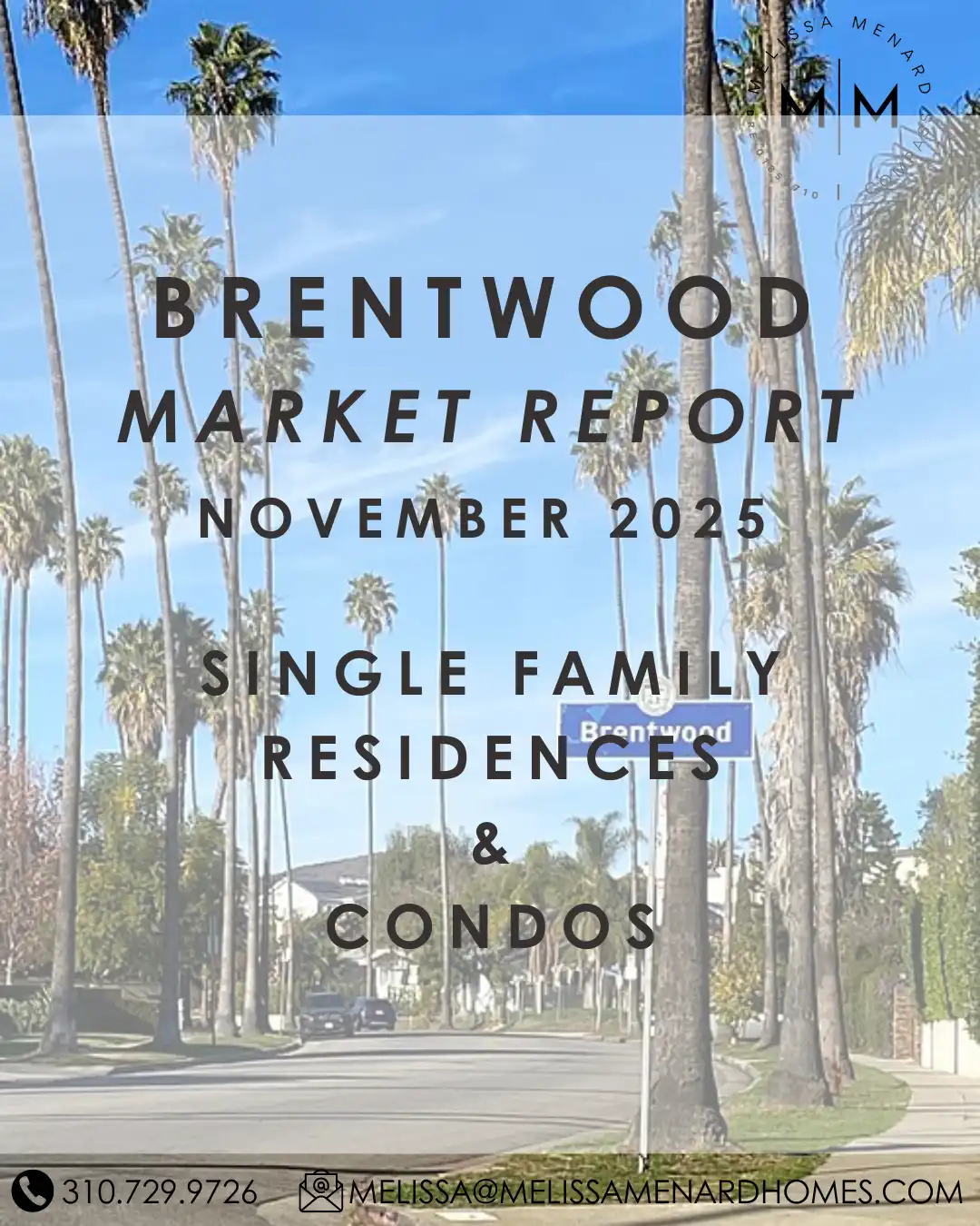 A sunny street view of Brentwood, Los Angeles, showing palm trees and a blue neighborhood sign. Text reads: 