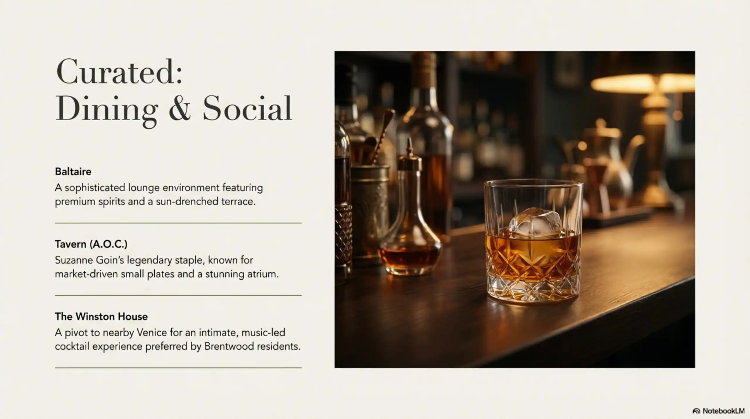 Close-up of a cocktail on a wooden bar top accompanied by text listing Baltaire, Tavern, and The Winston House.