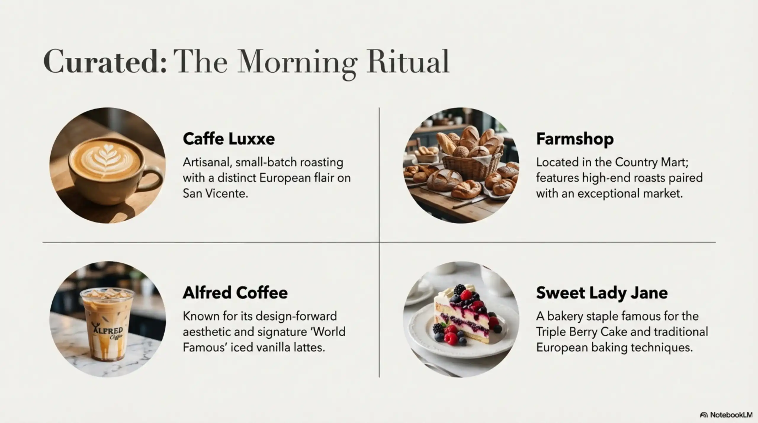 Collage showing coffee from Caffe Luxxe and Alfred Coffee, and baked goods from Farmshop and Sweet Lady Jane.