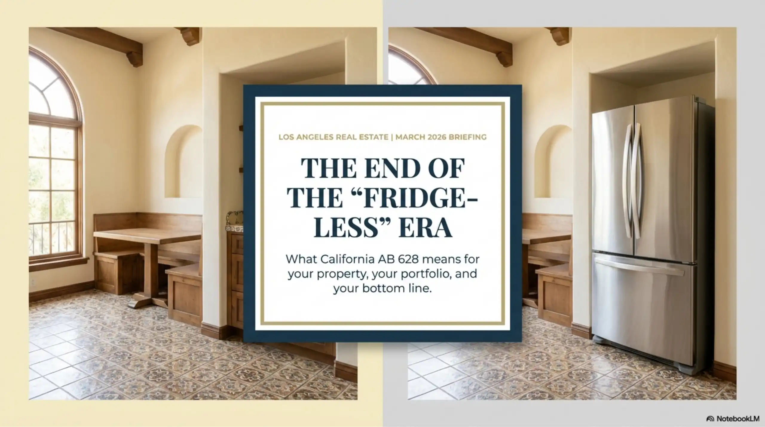 Split-screen showing a kitchen nook with tile floors and a stainless steel refrigerator.