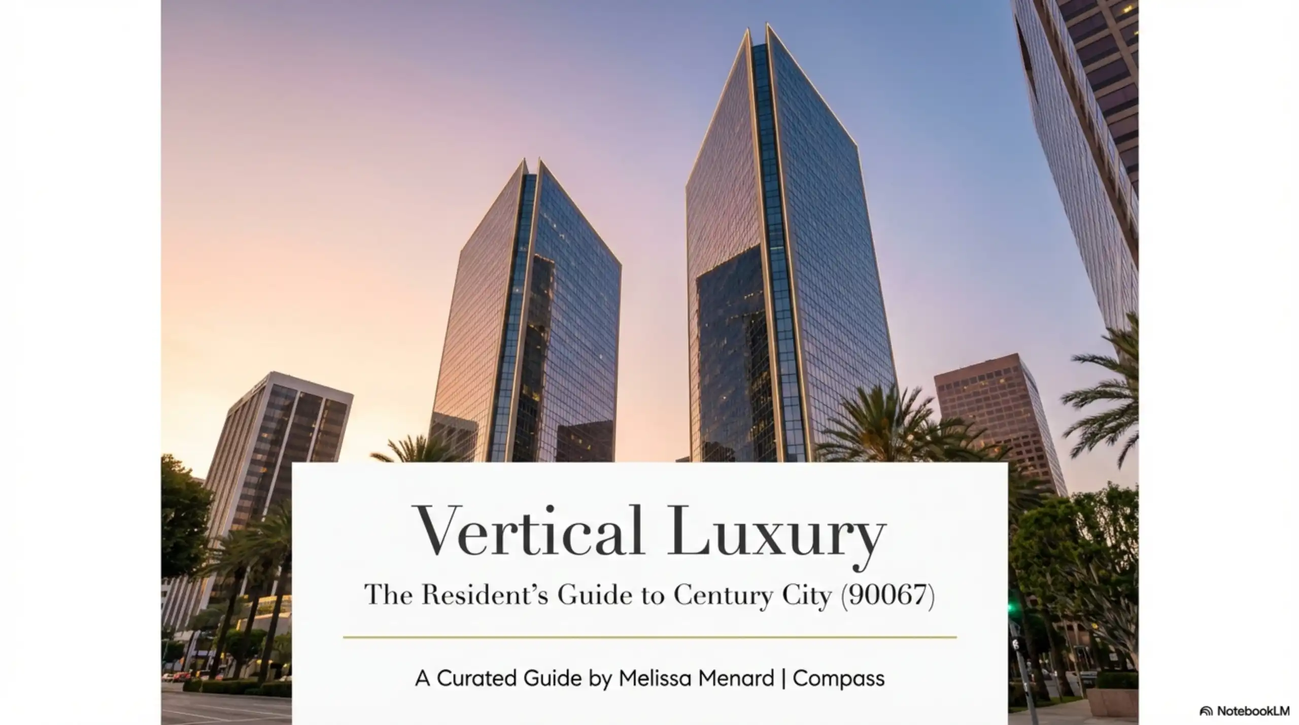 Low-angle exterior view of the triangular Century Plaza Towers in Century City at dusk, framed by palm trees.