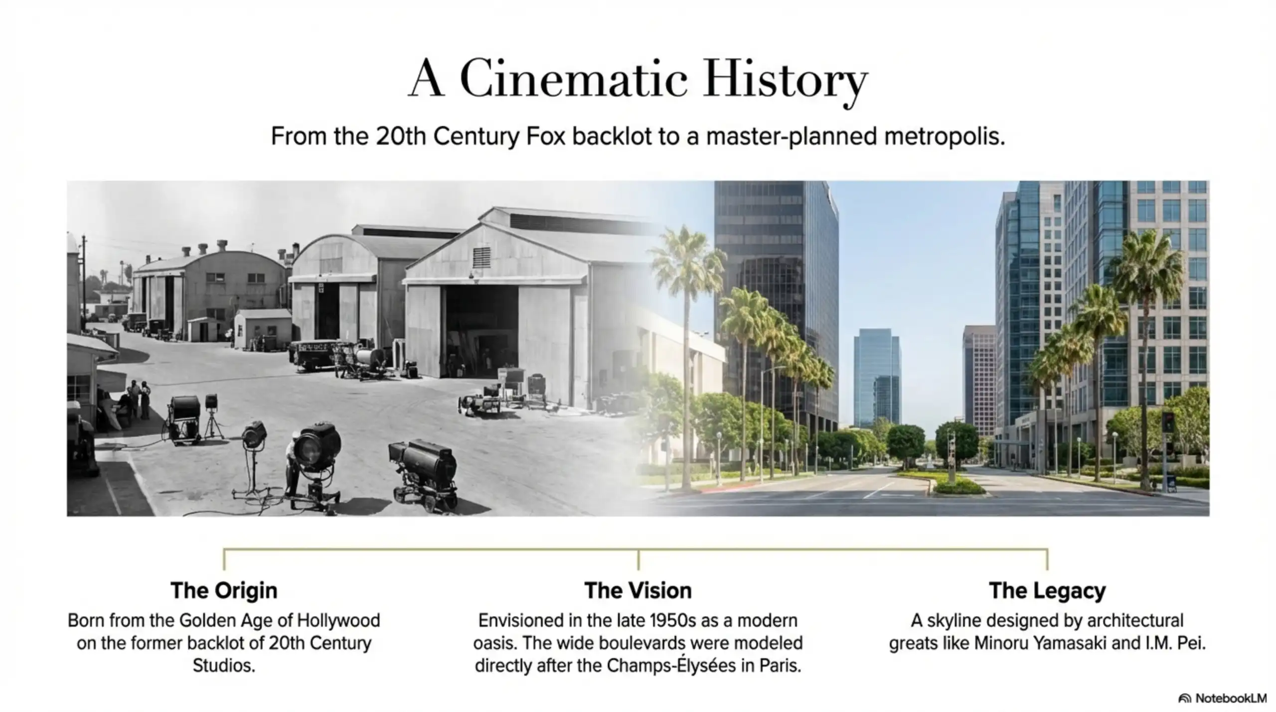 Split-screen comparison graphic showing a black and white photo of the 20th Century Fox backlot and a color photo of the modern Century City skyline.