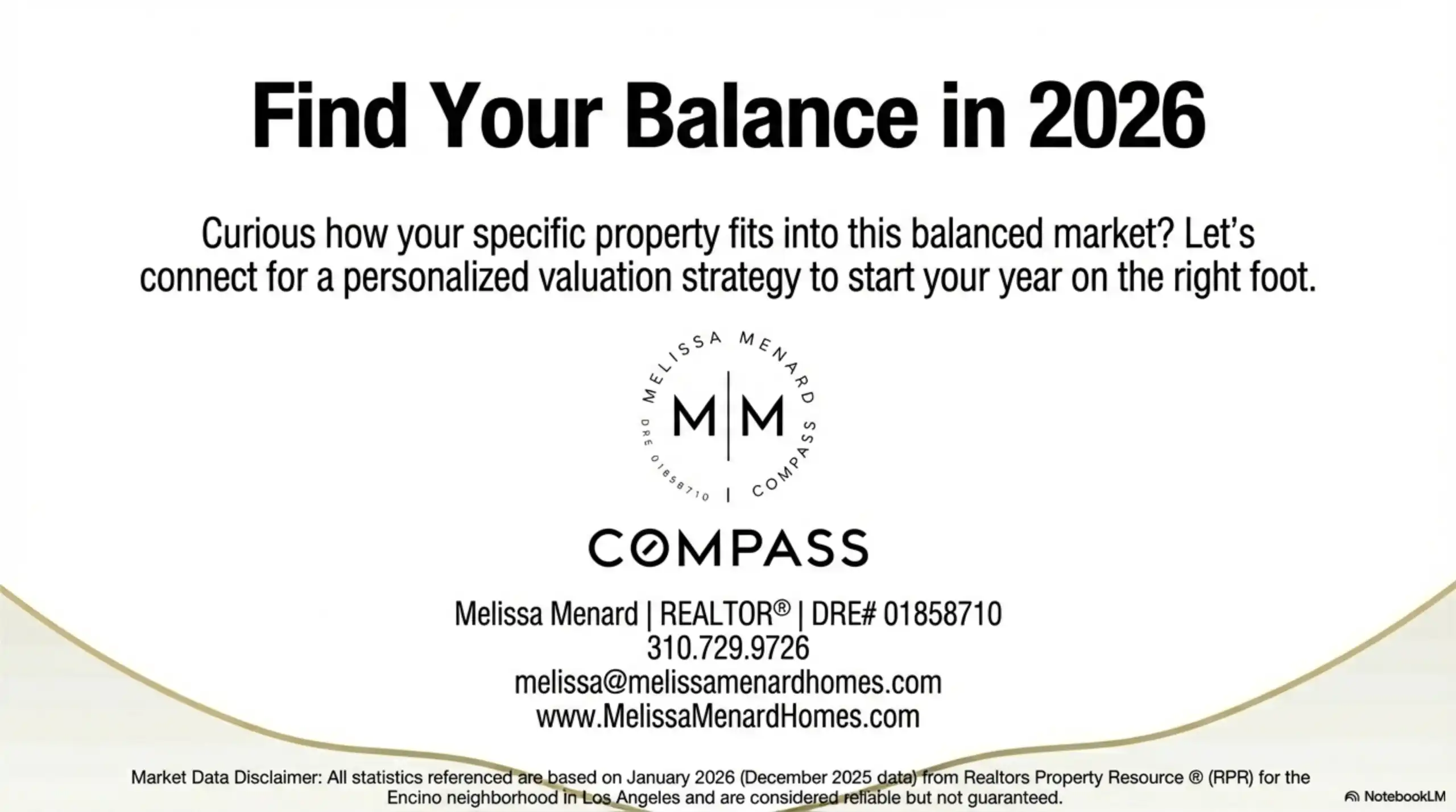 Contact information card for Melissa Menard Compass including DRE number 01858710 and website URL.