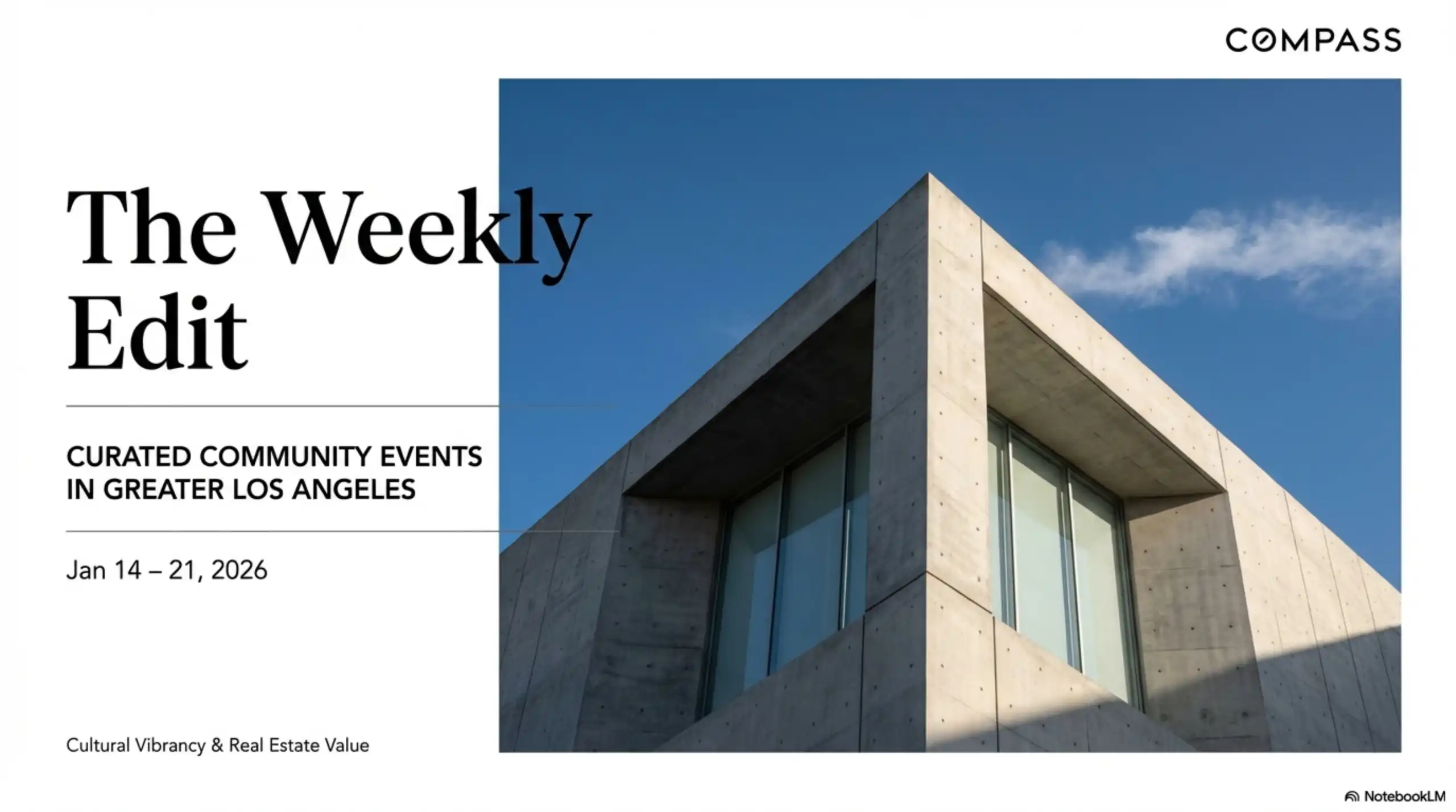 Architectural detail of a modern concrete building corner against a blue sky, featuring The Weekly Edit text overlay