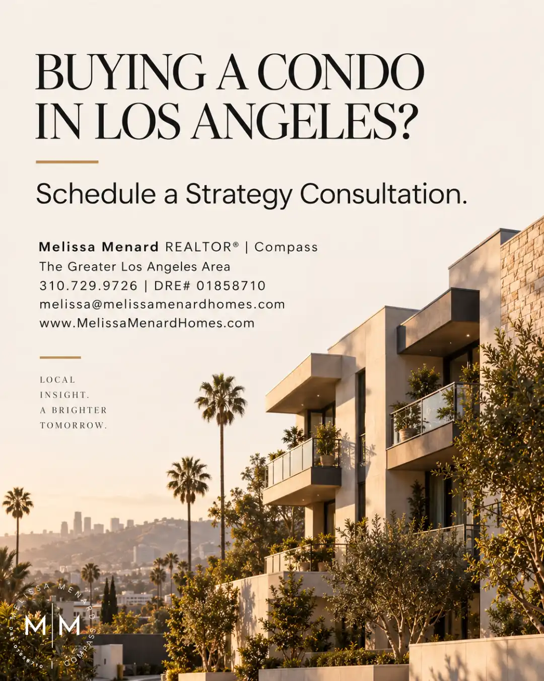 Modern Los Angeles condominium building overlooking the city skyline at sunset.