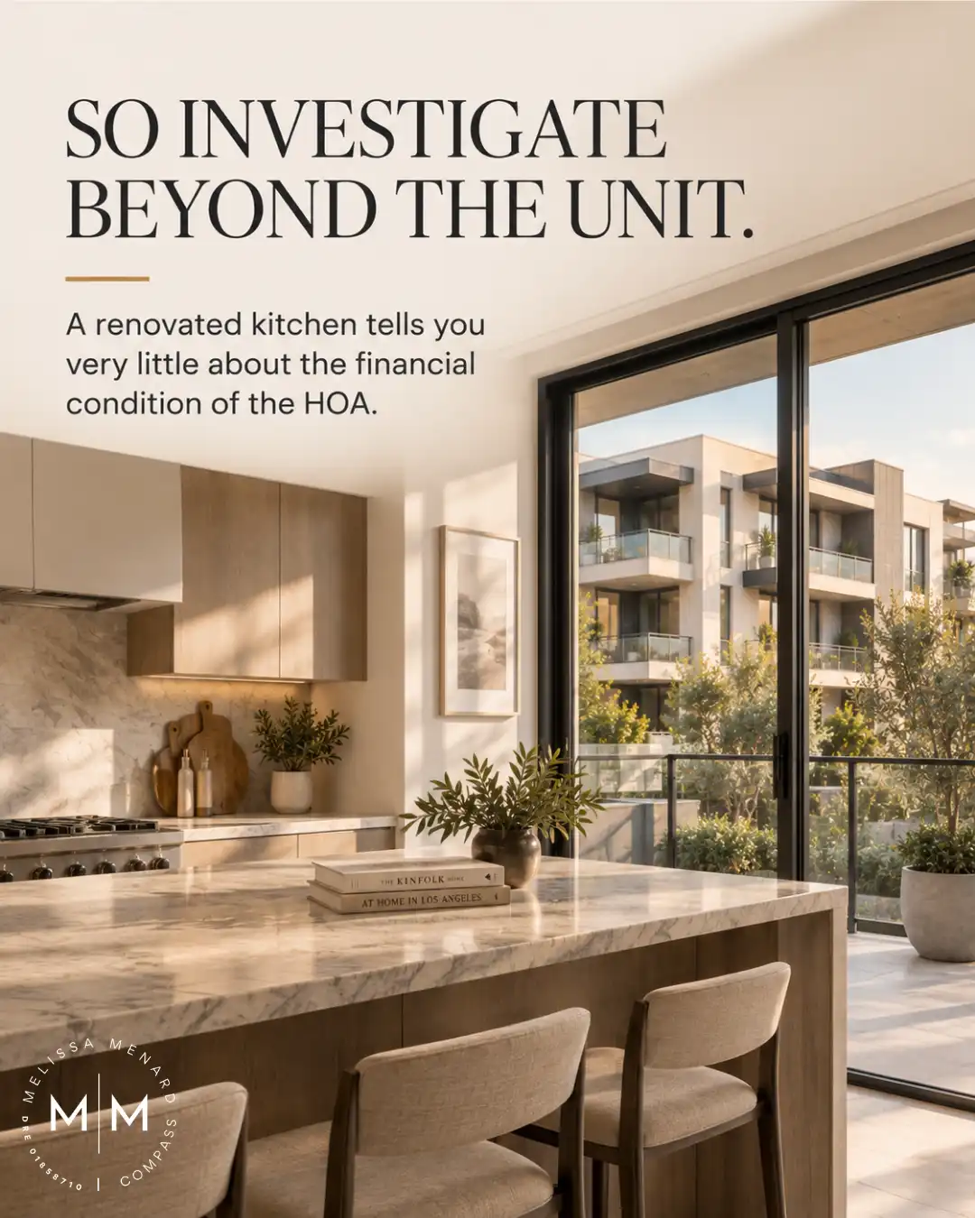 Modern multi-unit condominium building with balconies and landscaped grounds at sunset.