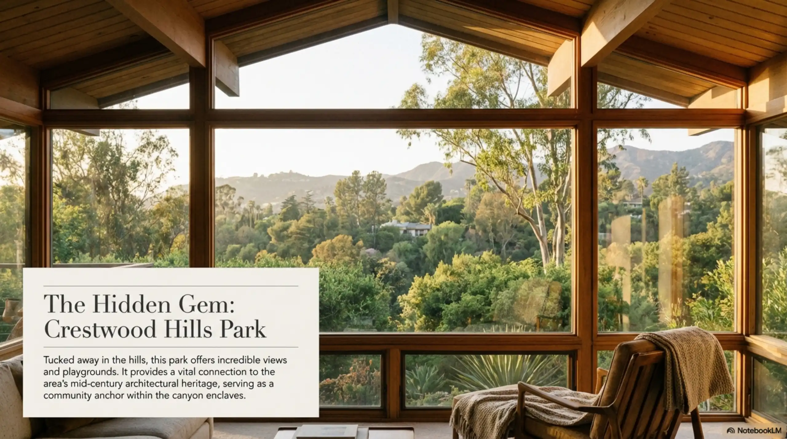 Interior of a mid-century modern home in Crestwood Hills featuring floor-to-ceiling windows and a view of the canyon.