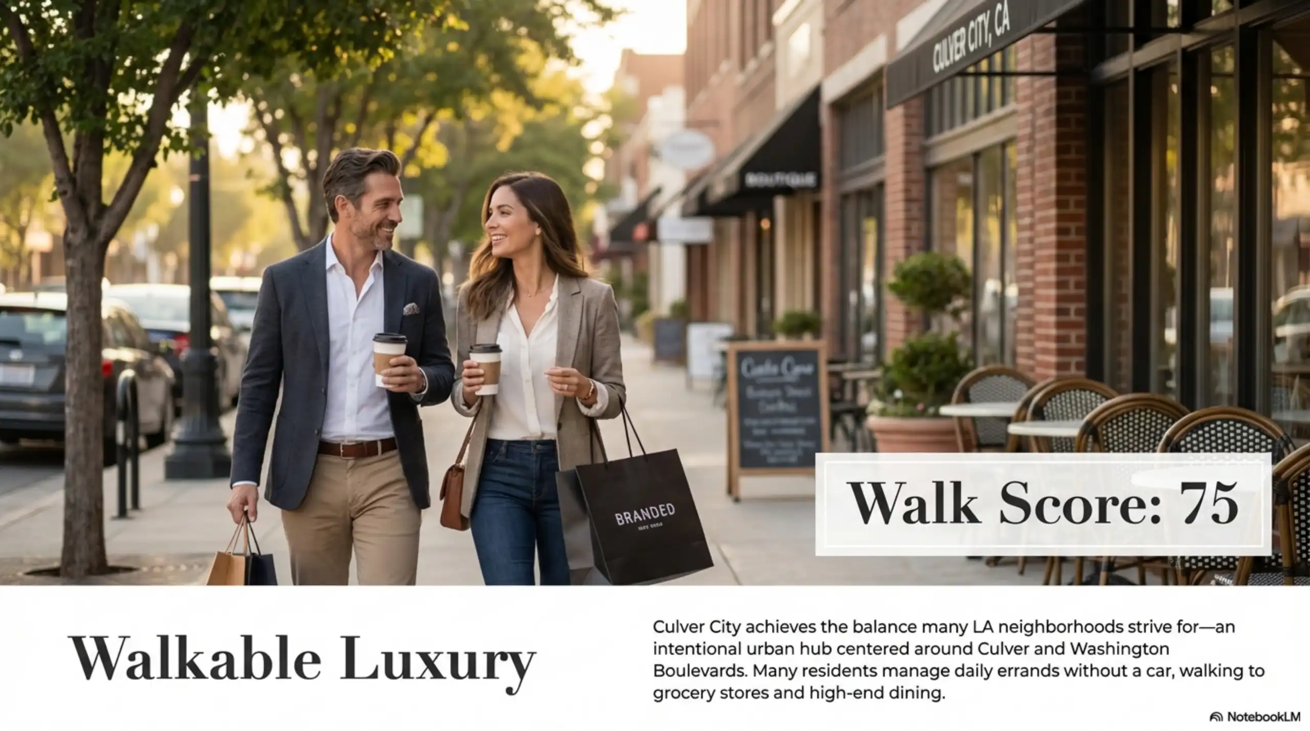 People walking on a sidewalk past brick buildings and outdoor cafe seating.
