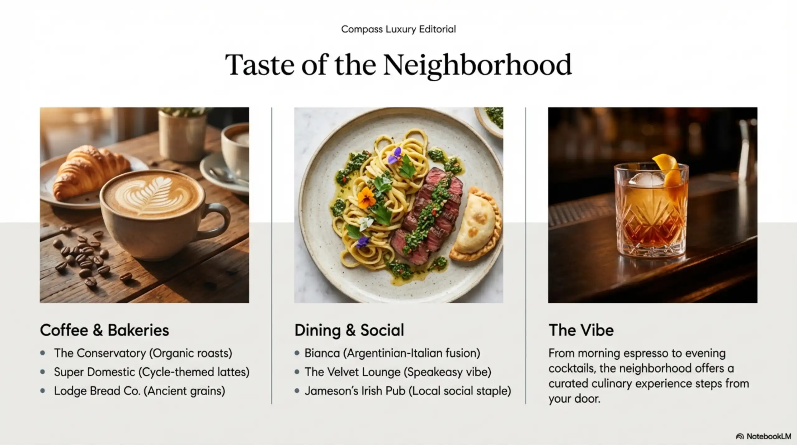 Three panels showing a latte with a croissant, a pasta dish, and a cocktail.