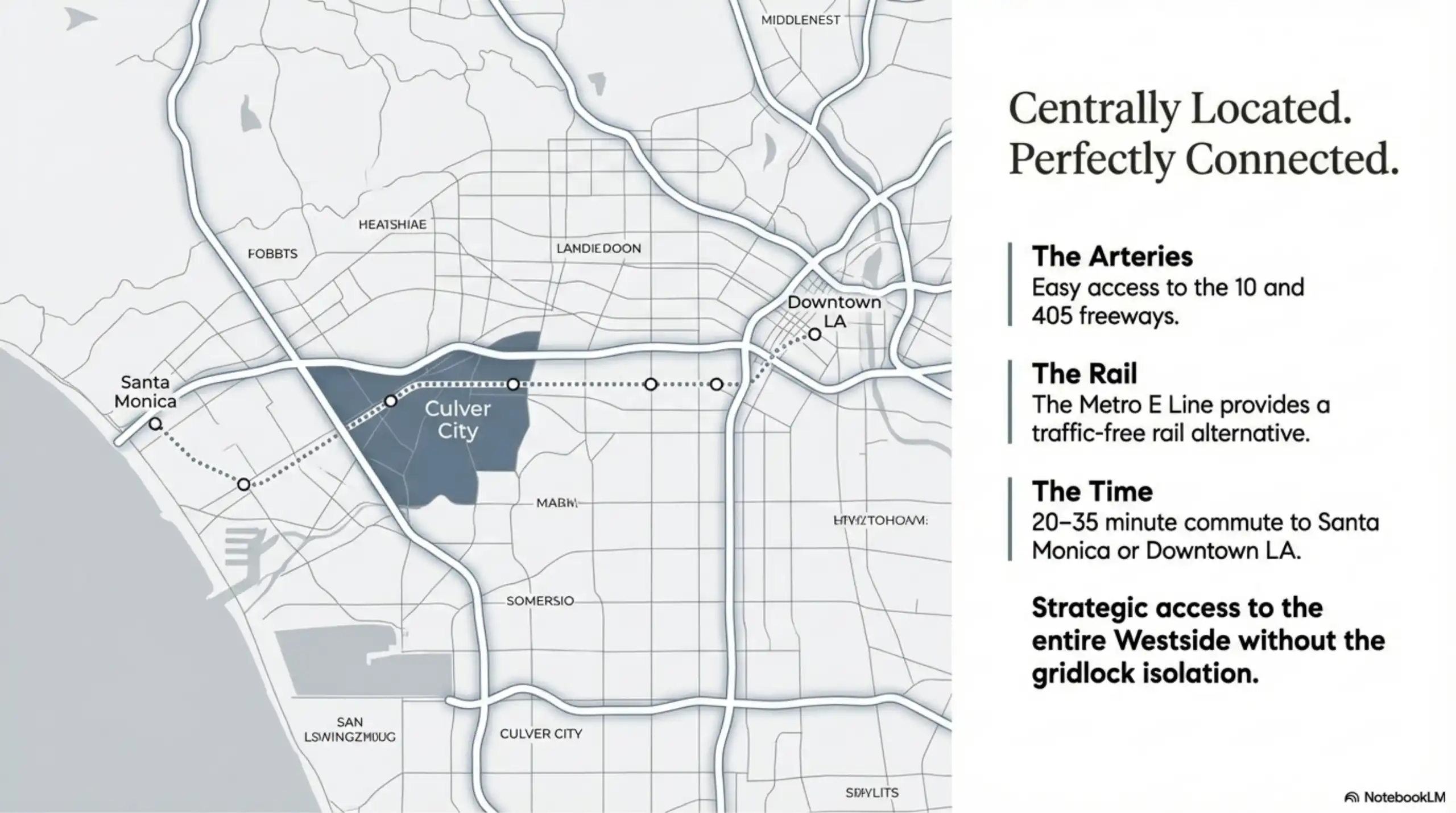 Map of Culver City showing proximity to the 10 and 405 freeways and Metro E Line.