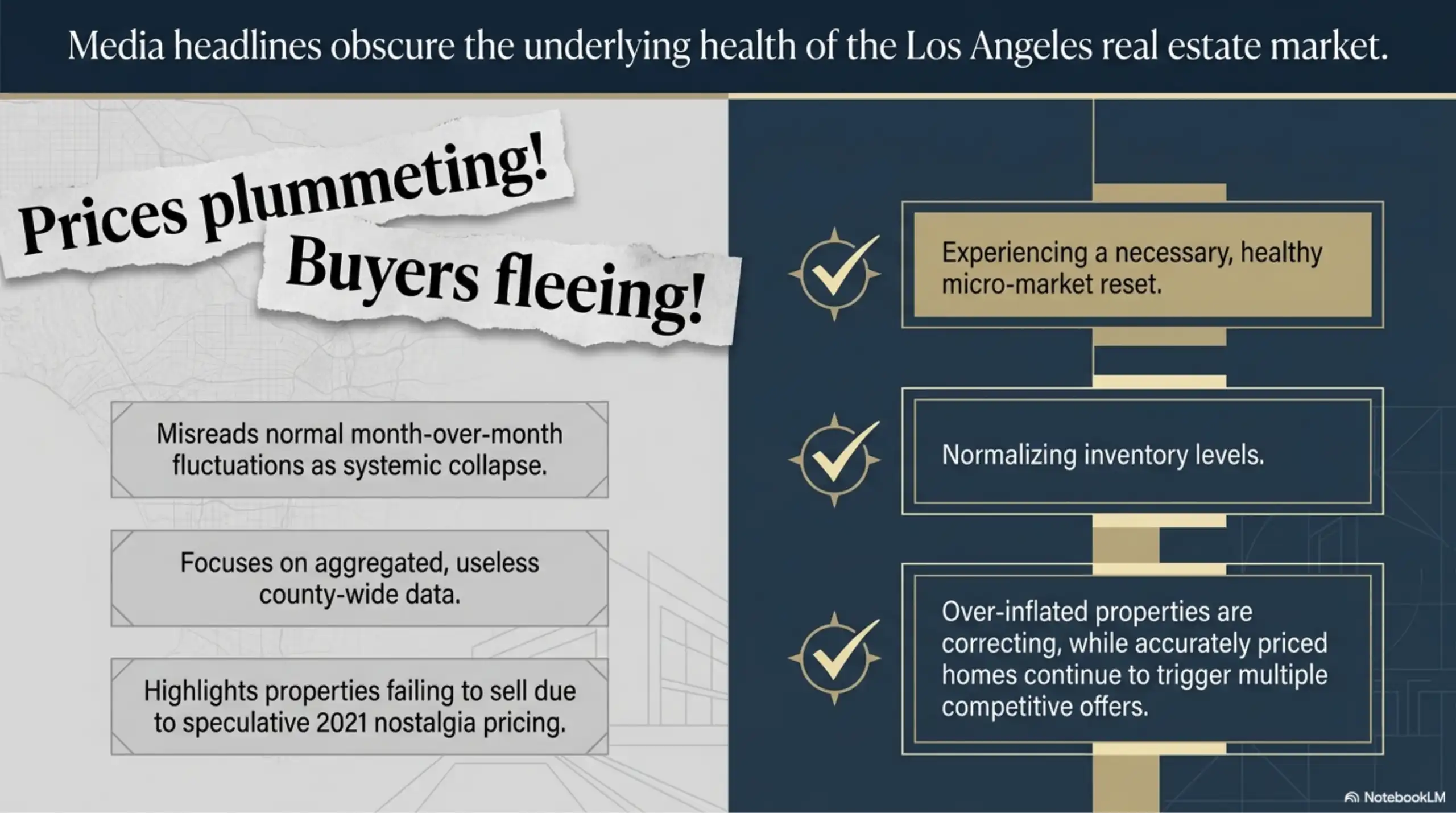 Presentation slide contrasting negative media headlines with Los Angeles micro-market facts regarding inventory and pricing.
