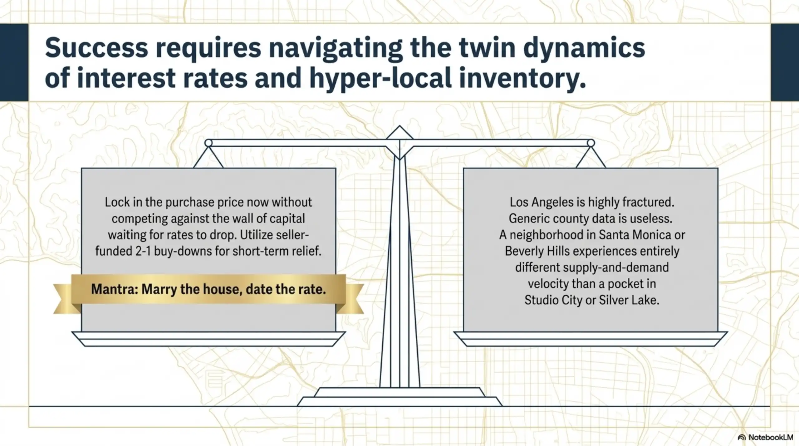 Presentation slide illustrating the balance between navigating interest rates and understanding hyper-local inventory.