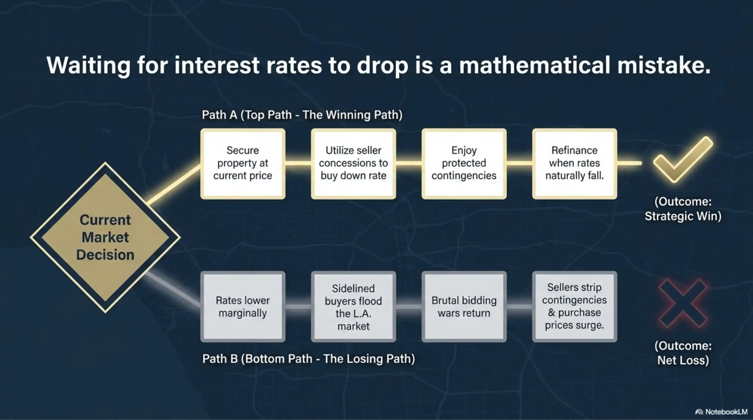 Presentation slide featuring a flowchart that maps out the strategic paths of buying now versus waiting for lower interest rates.
