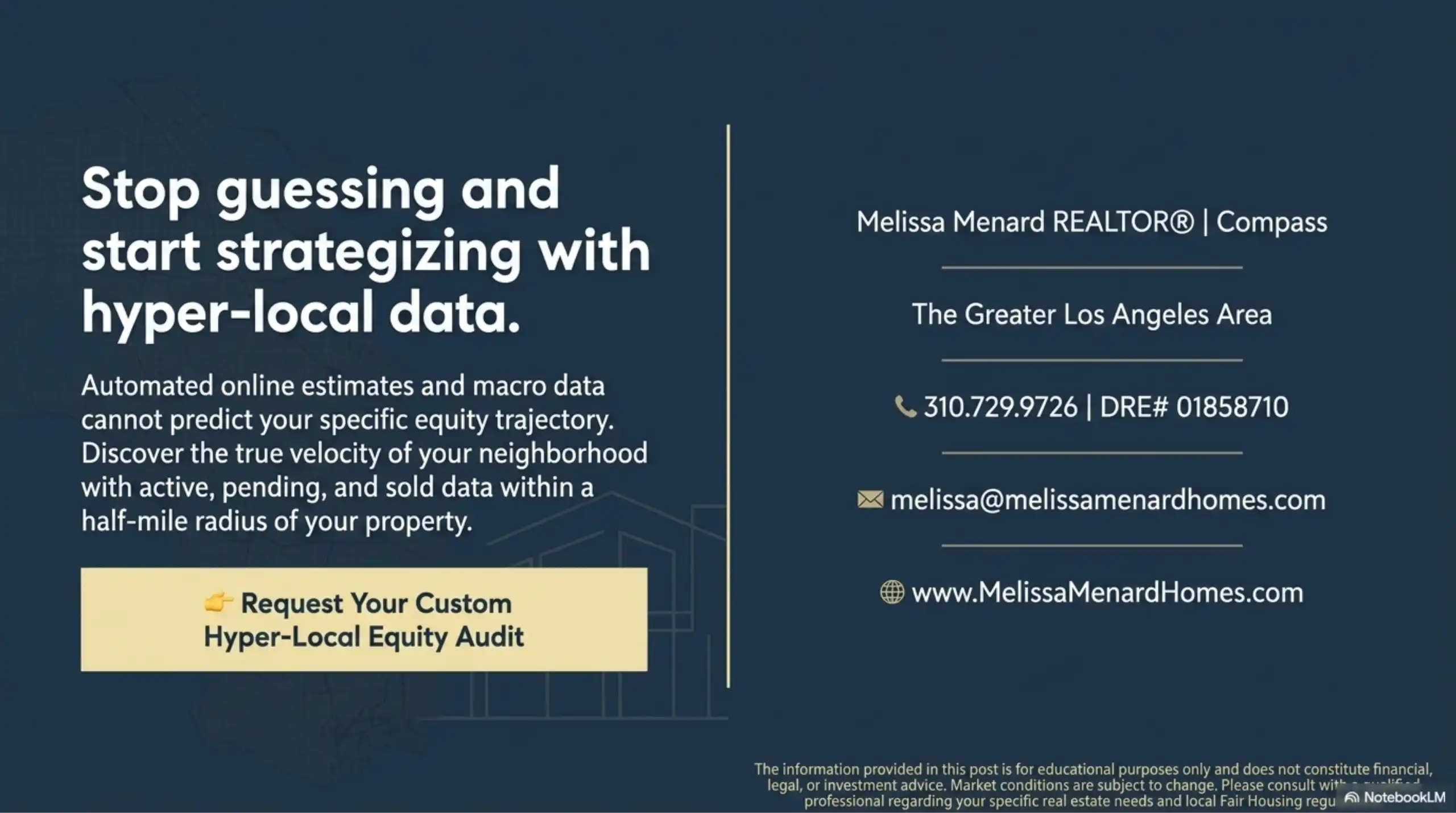 Presentation slide displaying contact details for a Los Angeles real estate agent and a call to action for an equity audit.