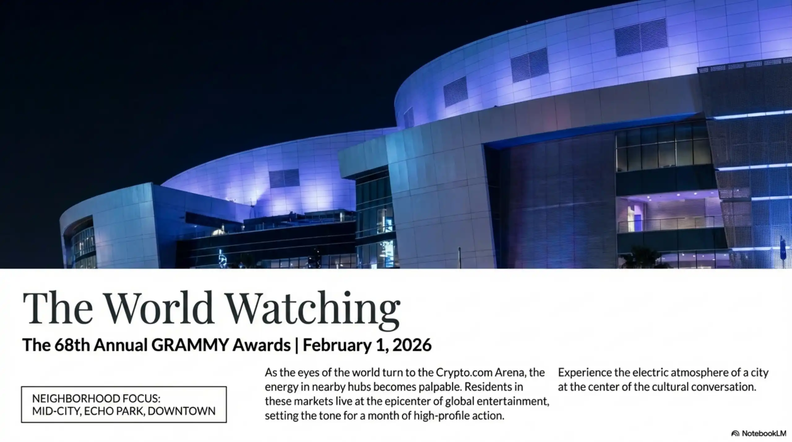 Exterior of the Crypto.com Arena at night with blue architectural lighting.