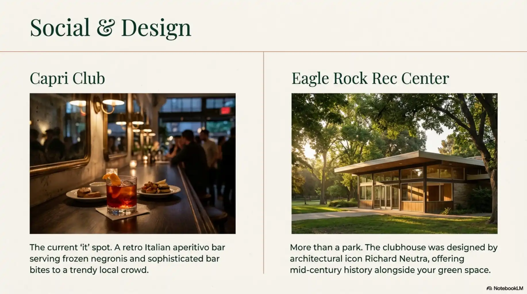 Left: A bar counter with a red cocktail. Right: A mid-century modern glass and wood building in a park.